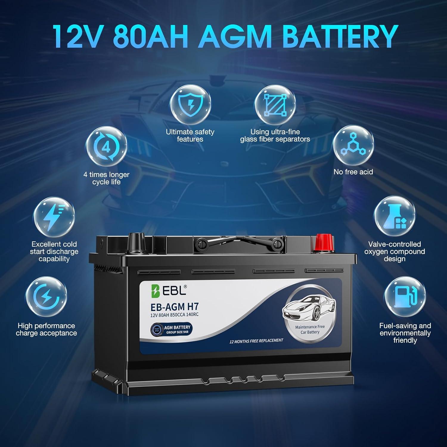 Batería de Automóvil EBL AGM 12V 80Ah Grupo 94 H7