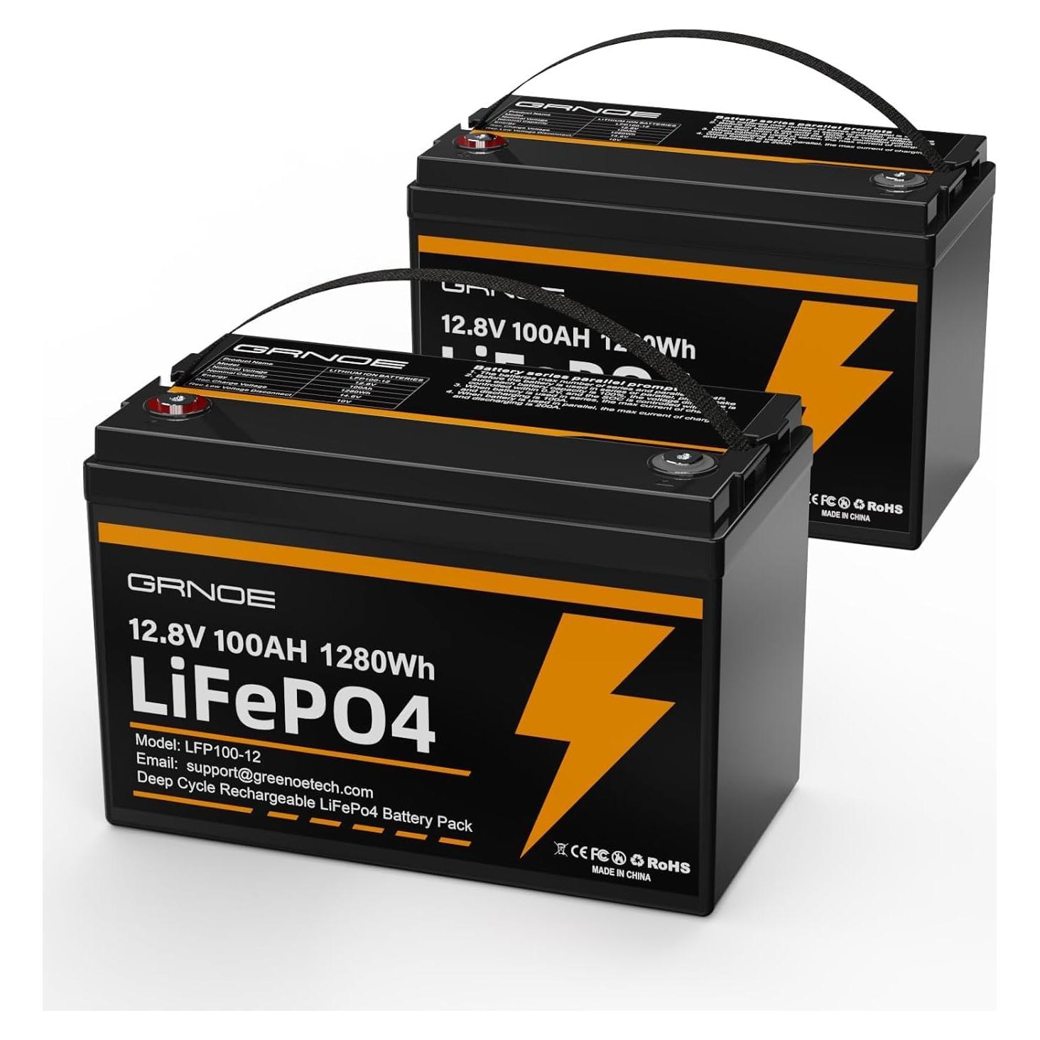 Batería de Litio GRNOE 12V 100Ah LiFePO4 Paquete de 2