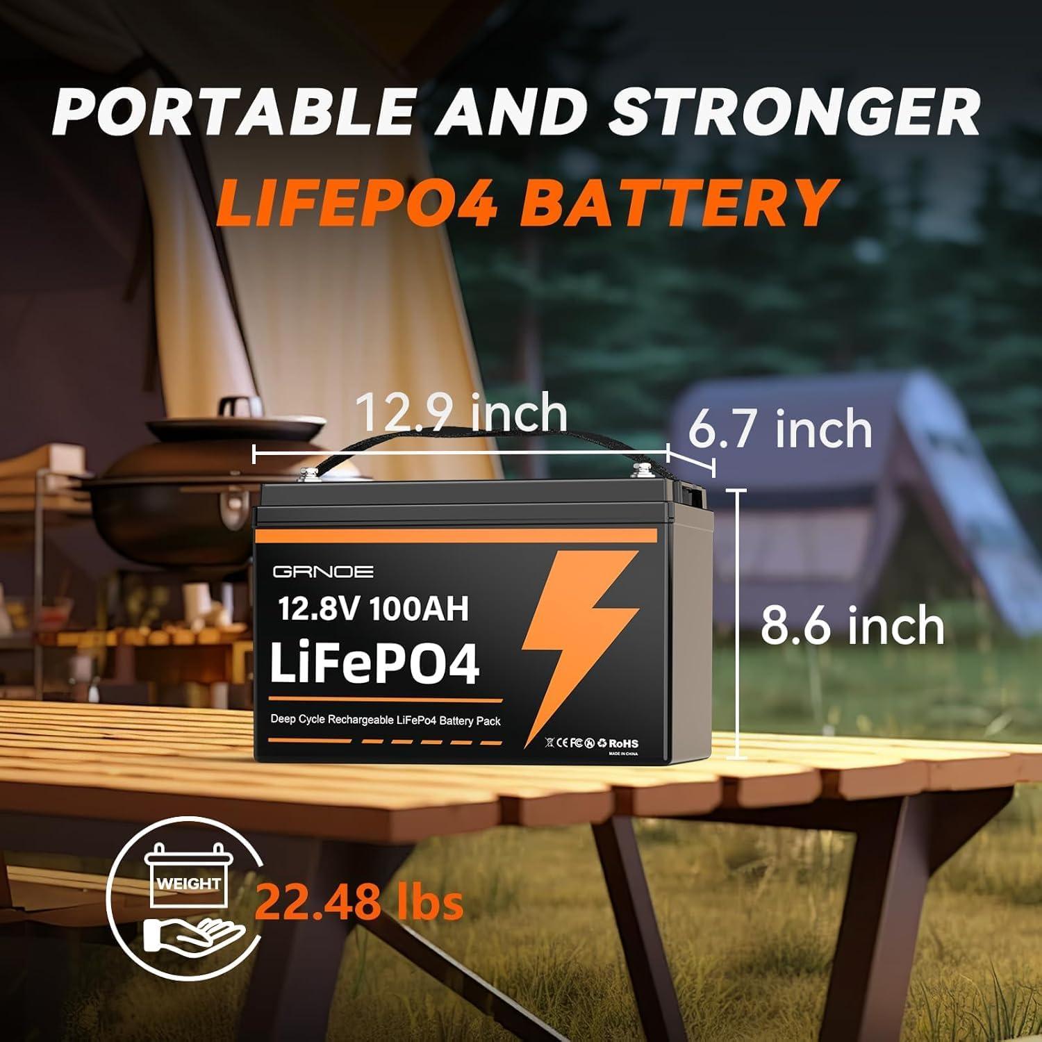 Batería de Litio GRNOE 12V 100Ah LiFePO4 Paquete de 2