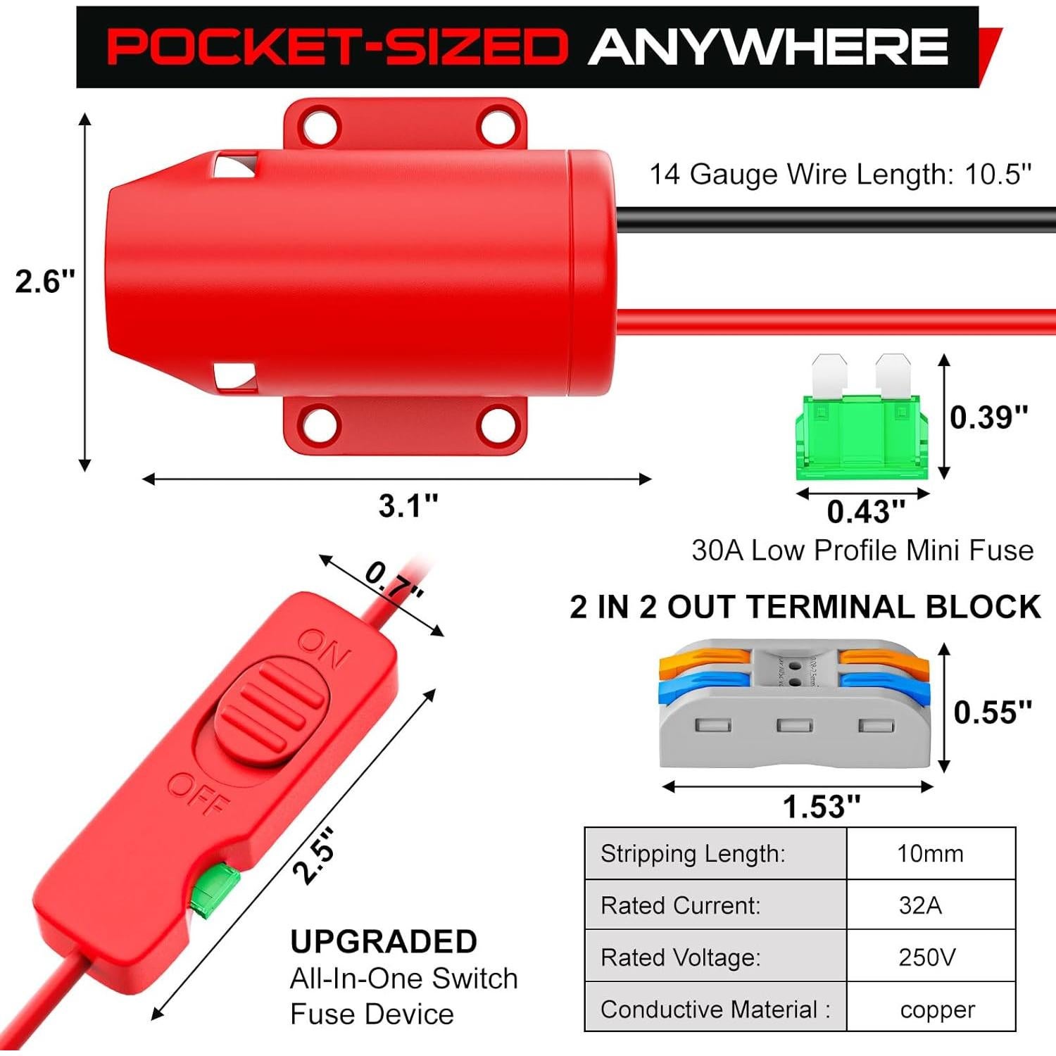 Adaptador de Batería Mejorado Crtbelfy 12V con Fusible y Interruptor