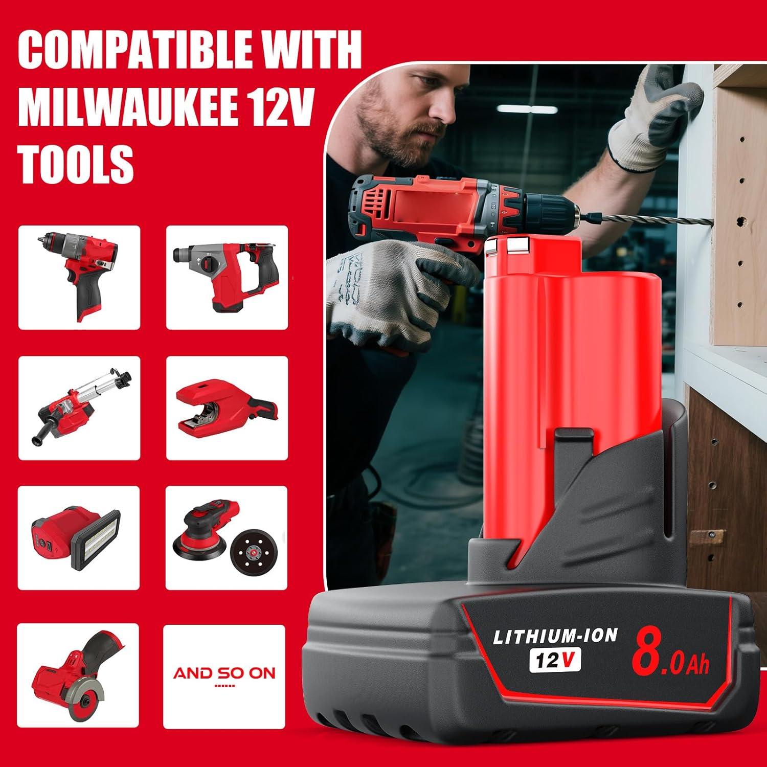Batería de Reemplazo 12V 8.0Ah YPLFanHand para Milwaukee M12