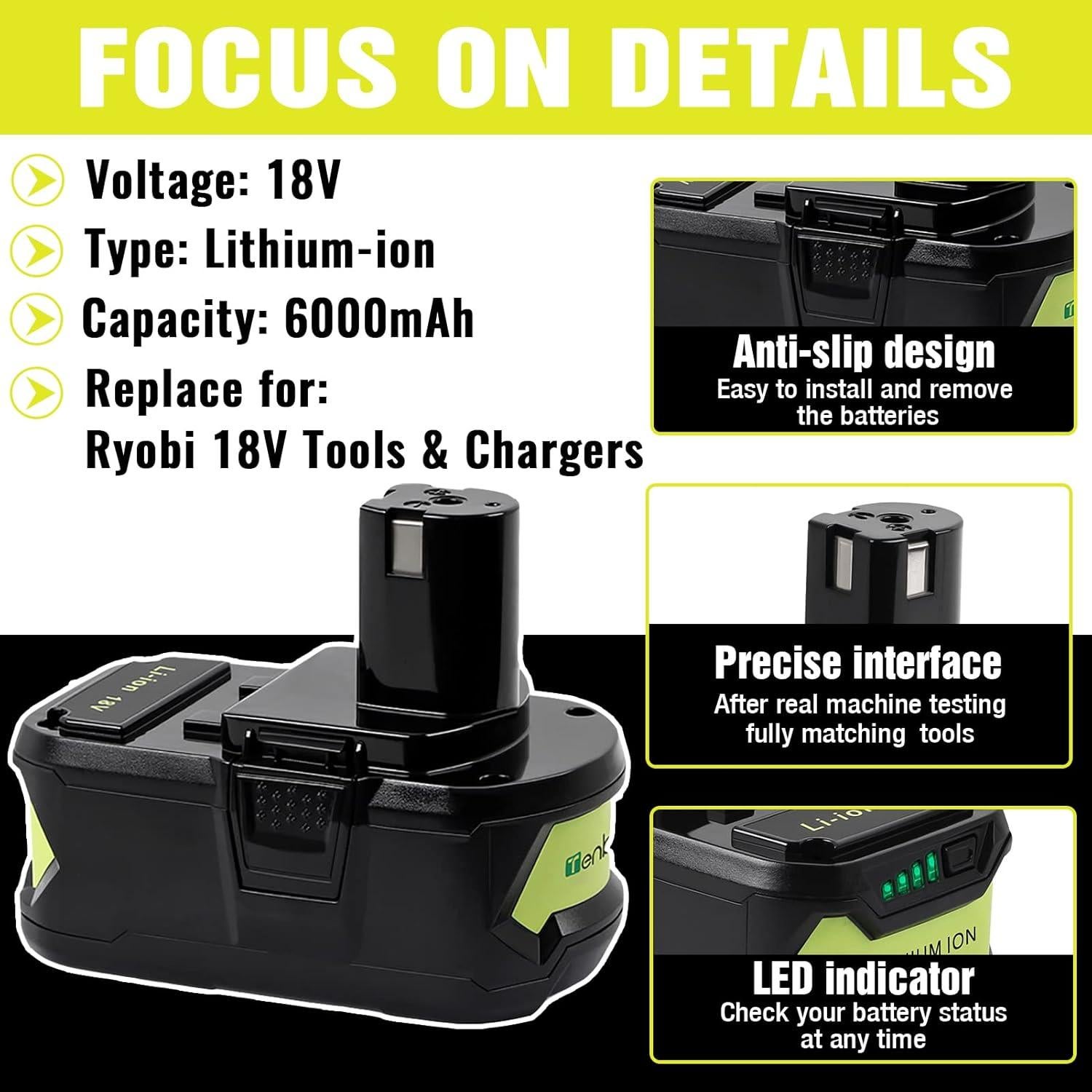 Batería de Litio 6.0Ah TenHutt para Ryobi 18V ONE+ - 2 Paquetes