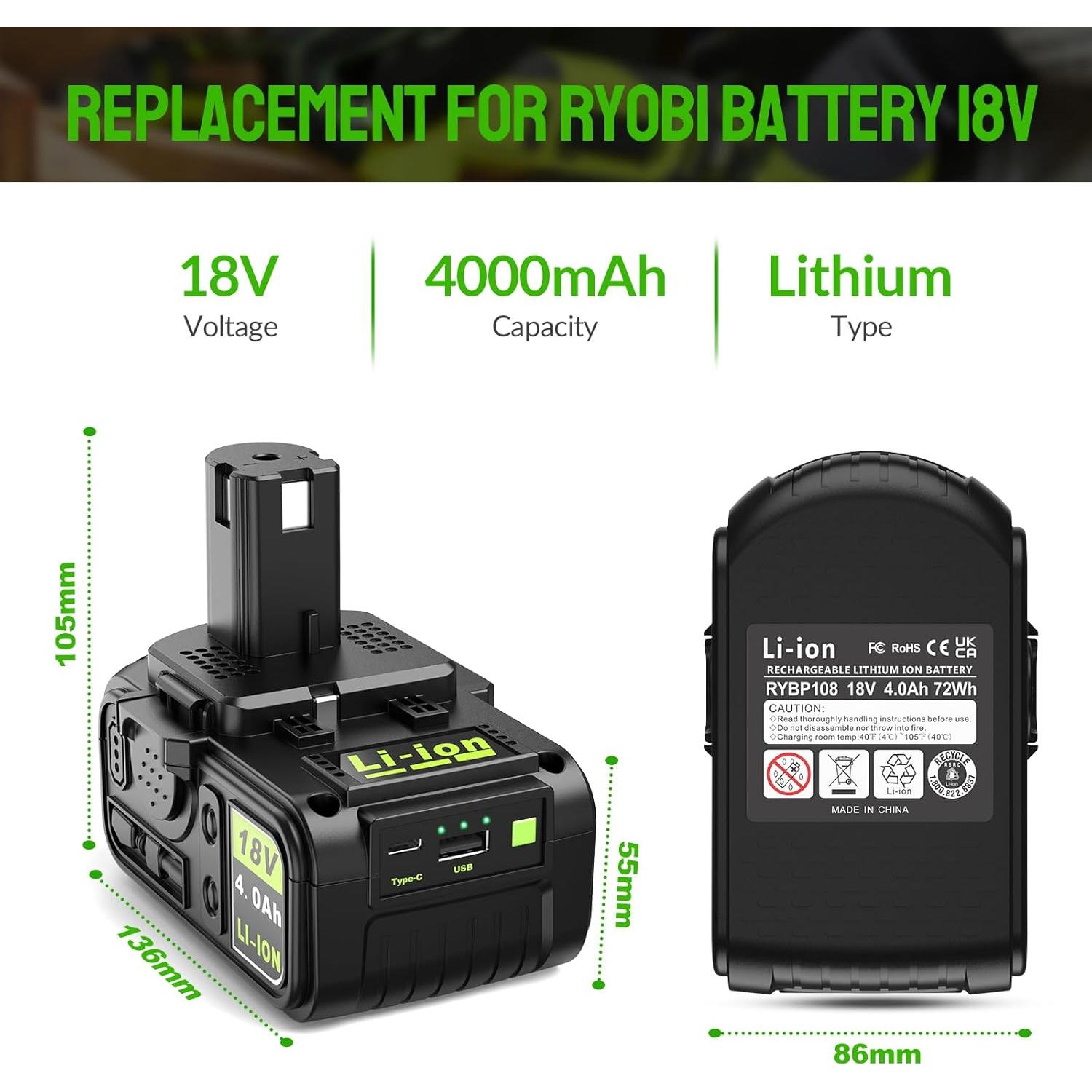 Batería de Reemplazo Abeden 18V Ryobi 2 Paquetes USB 4000mAh