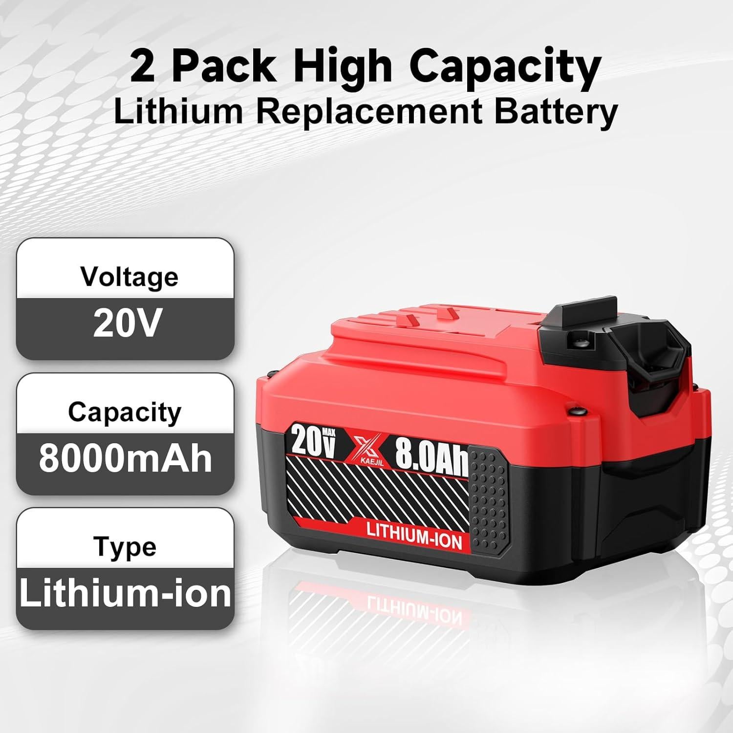 Paquete de 2 Baterías de Litio 20V 8.0Ah Kaejil para Craftsman