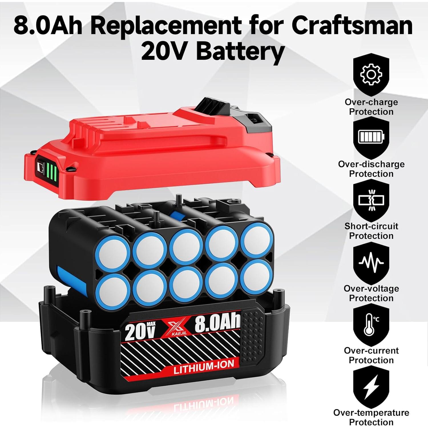 Paquete de 2 Baterías de Litio 20V 8.0Ah Kaejil para Craftsman