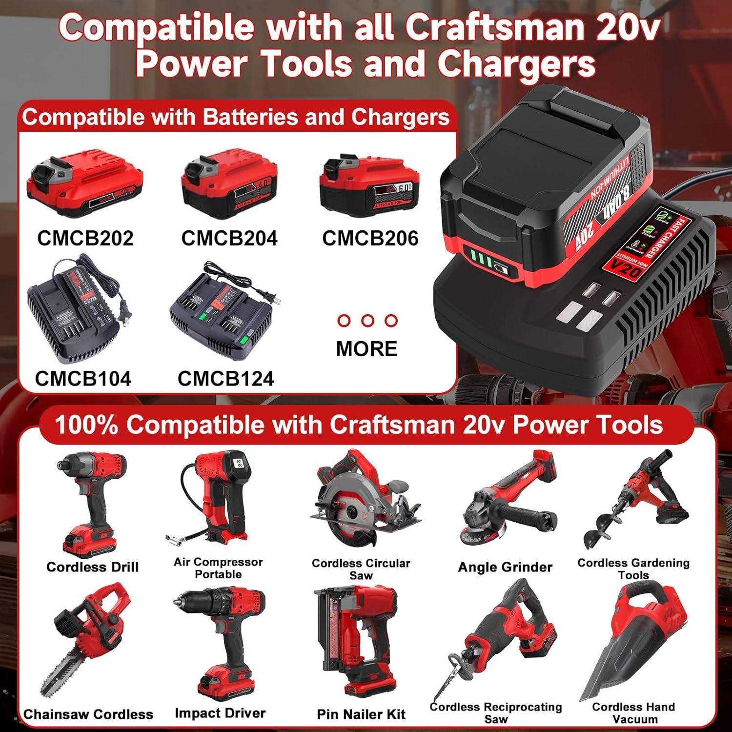 2Pack Batería Recargable 8000mAh Craftsman 20V MAX CMCB205