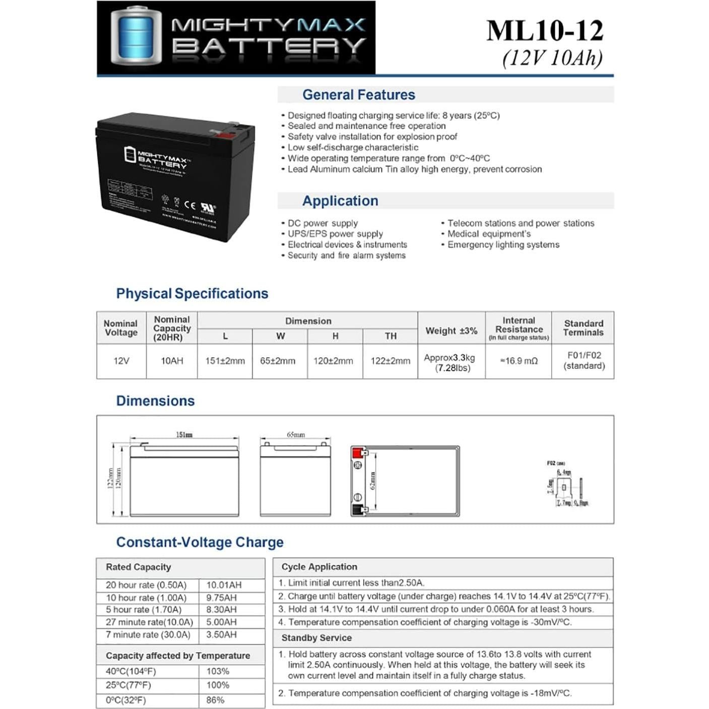 Batería recargable Mighty Max ML10-12 - 12V 10AH - Paquete de 3