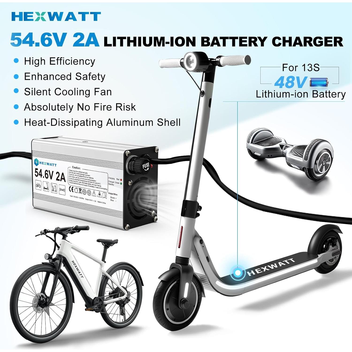 Cargador 54.6V 2A Hexwatt para Batería Litio 48V Bicicleta