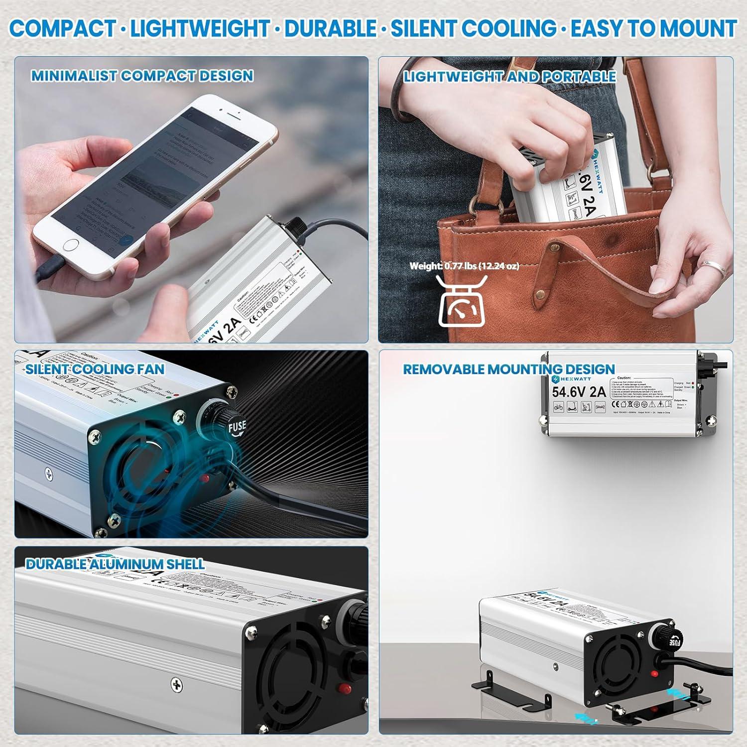 Cargador 54.6V 2A Hexwatt para Batería Litio 48V Bicicleta