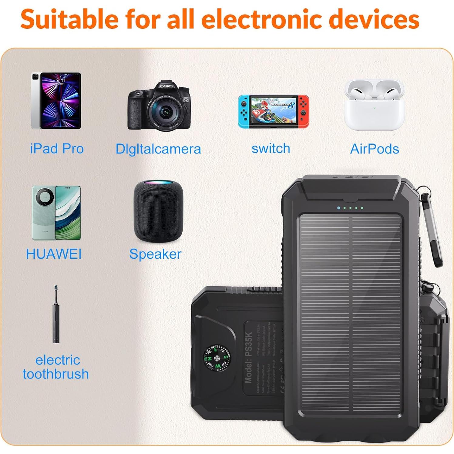 Cargador Solar Portátil KEPSWIN 20,000mAh con Linterna LED