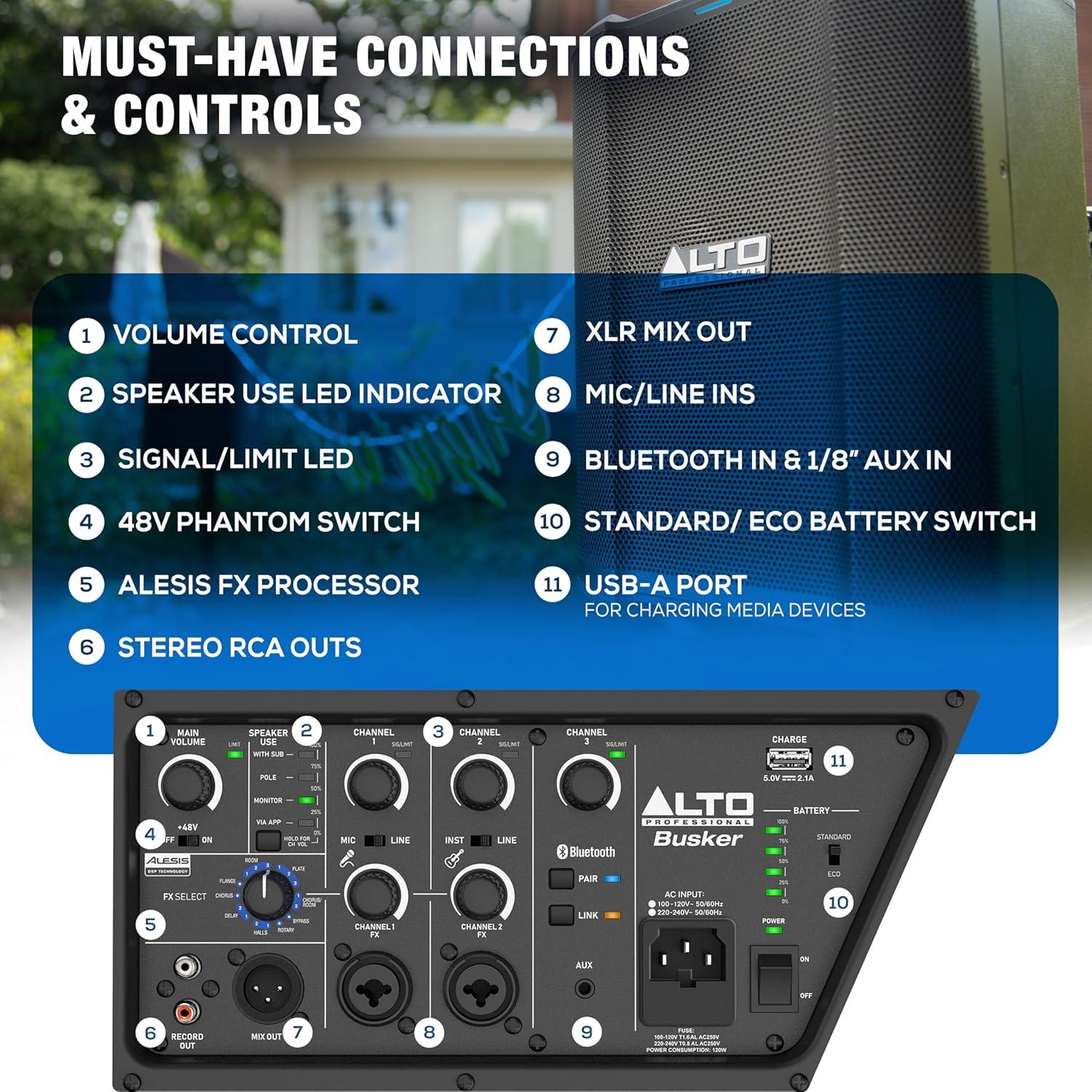 Altavoz PA Portátil Alto Busker 200W Bluetooth Mezclador 3 Canales