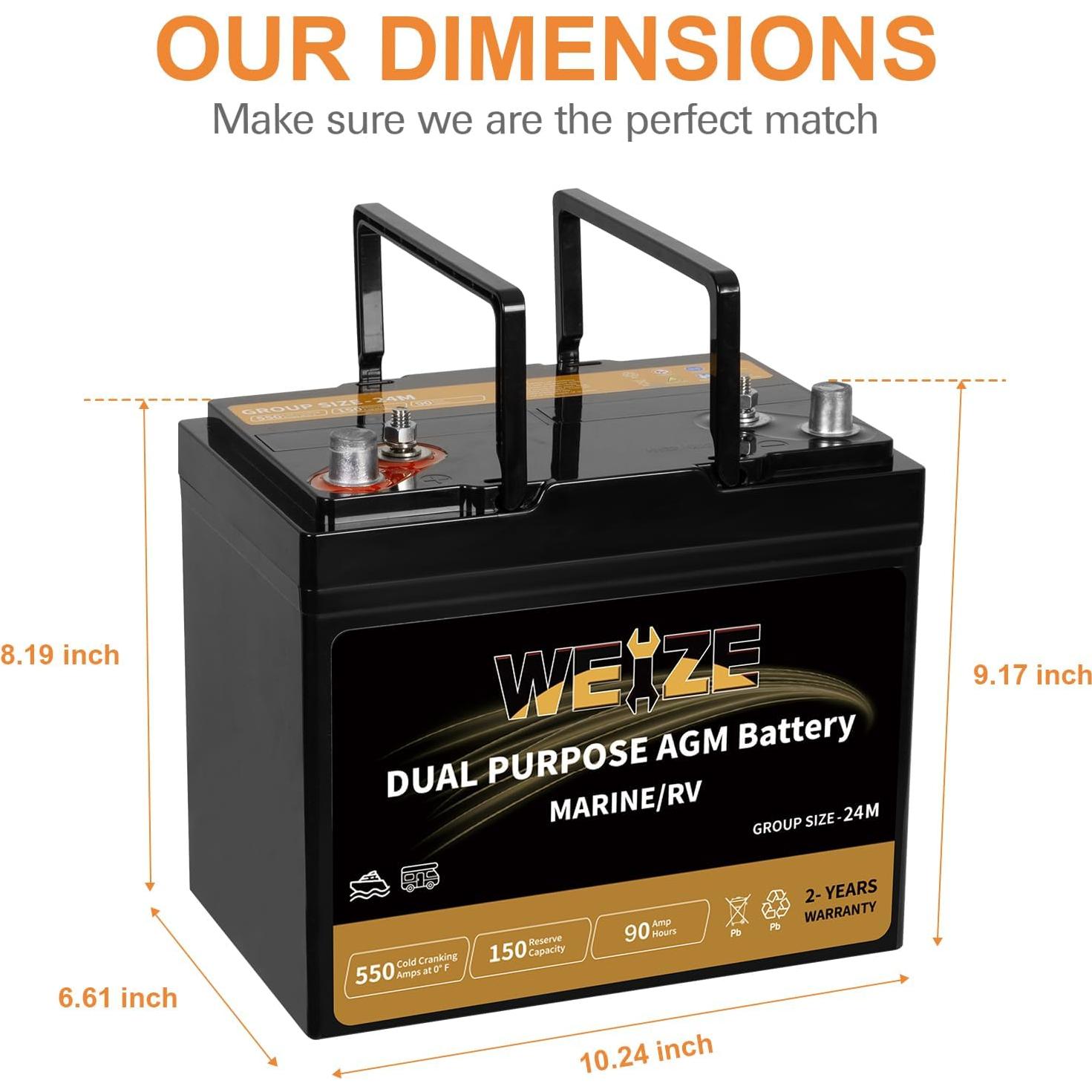 Batería AGM Doble Propósito WEIZE Grupo 24M 90Ah 12V