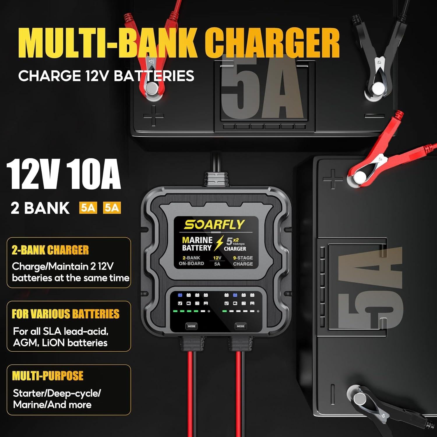 Cargador de Batería Marino SOARFLY 10A 2 Bancos 12V Impermeable