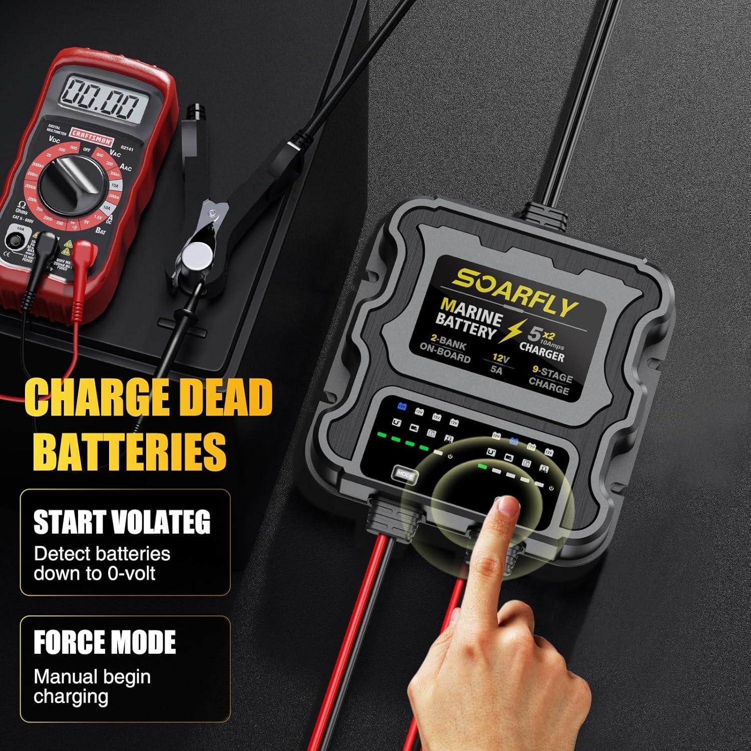 Cargador de Batería Marino SOARFLY 10A 2 Bancos 12V Impermeable