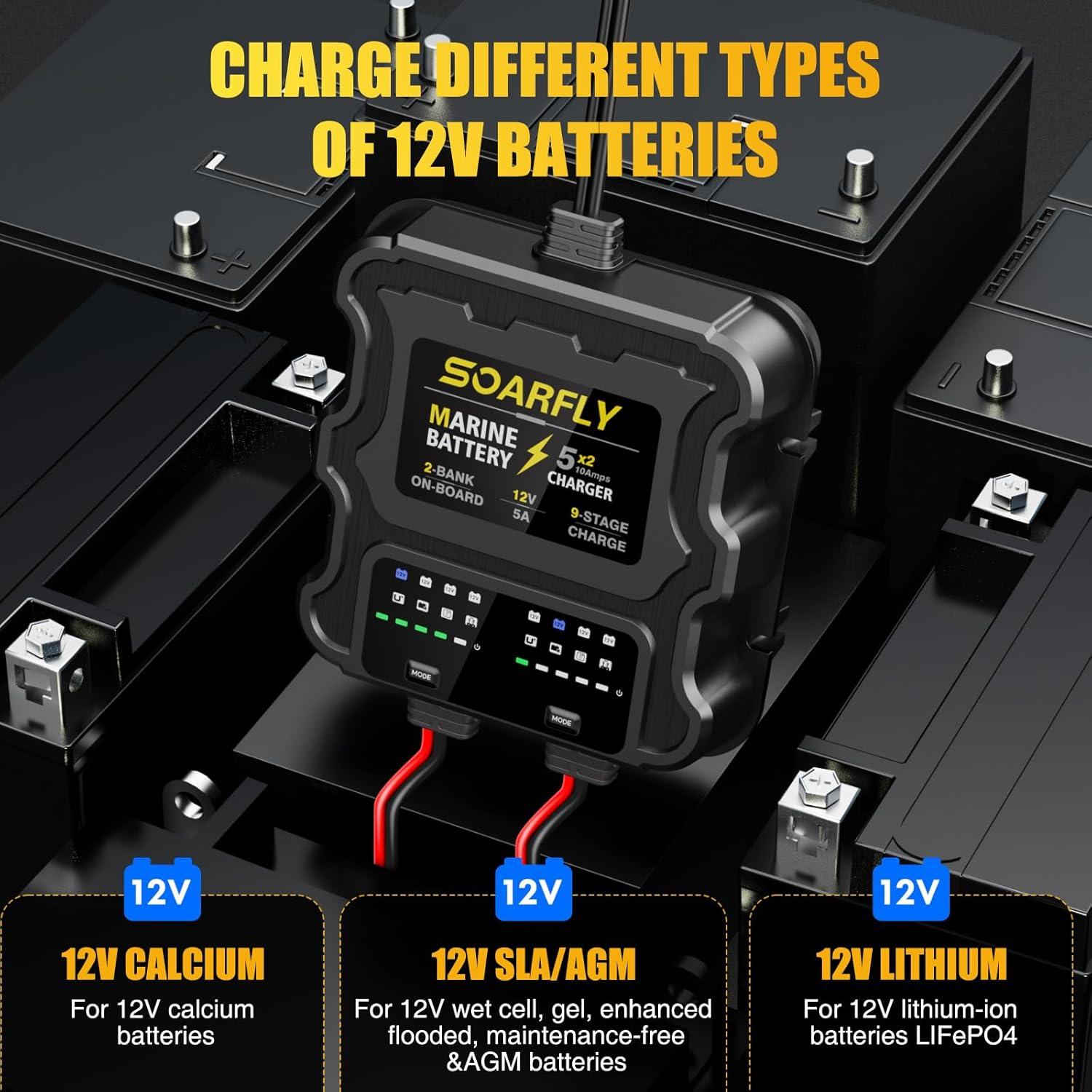 Cargador de Batería Marino SOARFLY 10A 2 Bancos 12V Impermeable