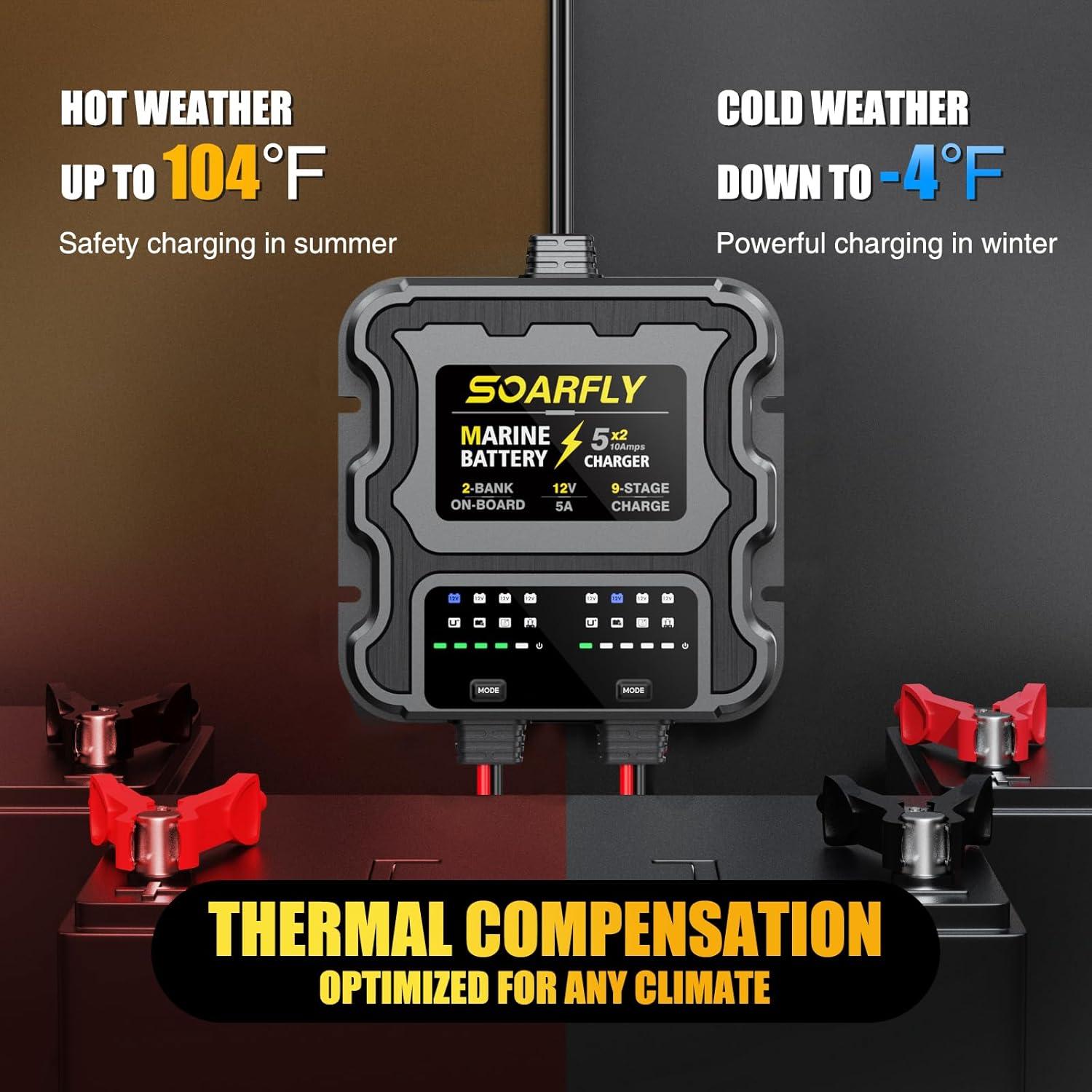 Cargador de Batería Marino SOARFLY 10A 2 Bancos 12V Impermeable