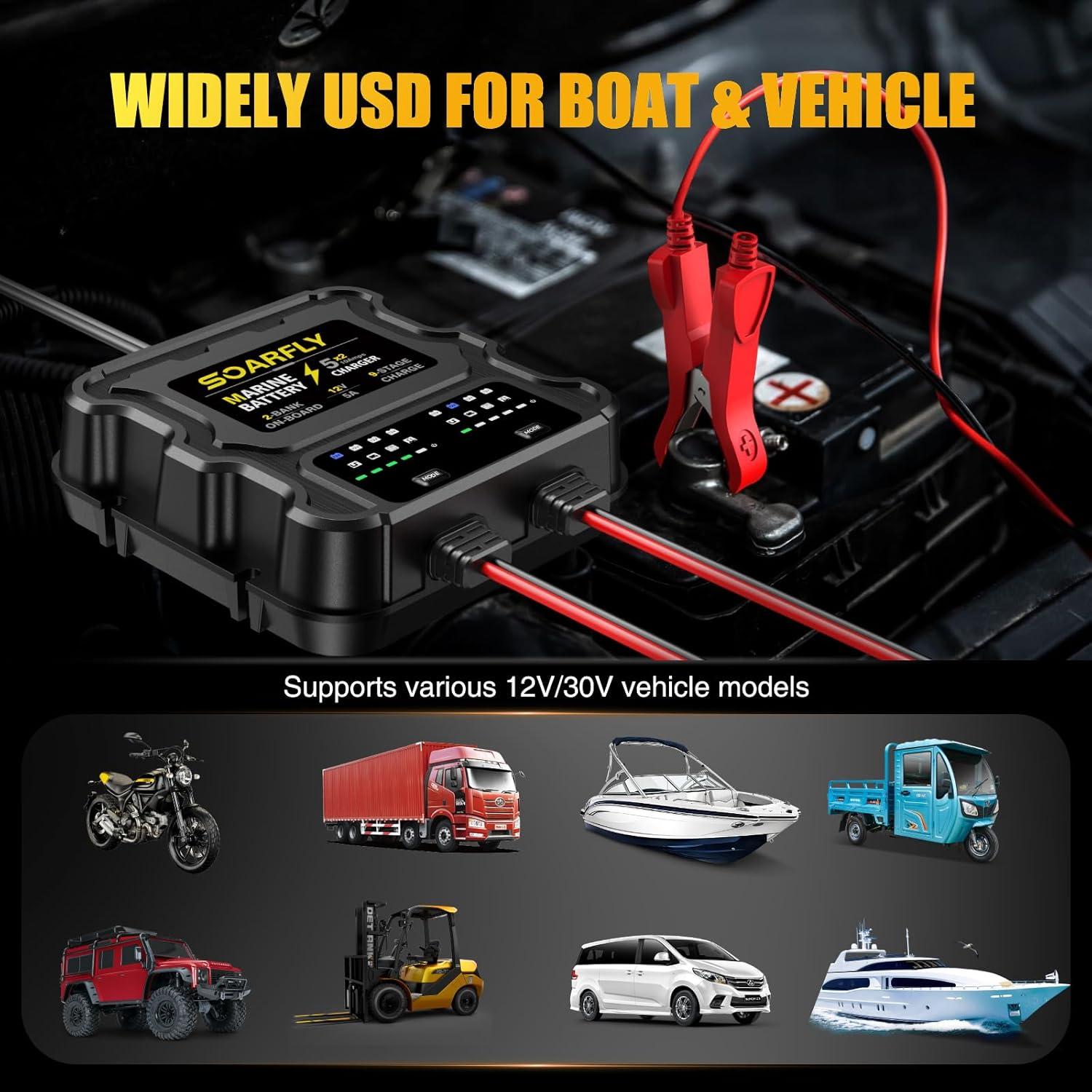 Cargador de Batería Marino SOARFLY 10A 2 Bancos 12V Impermeable
