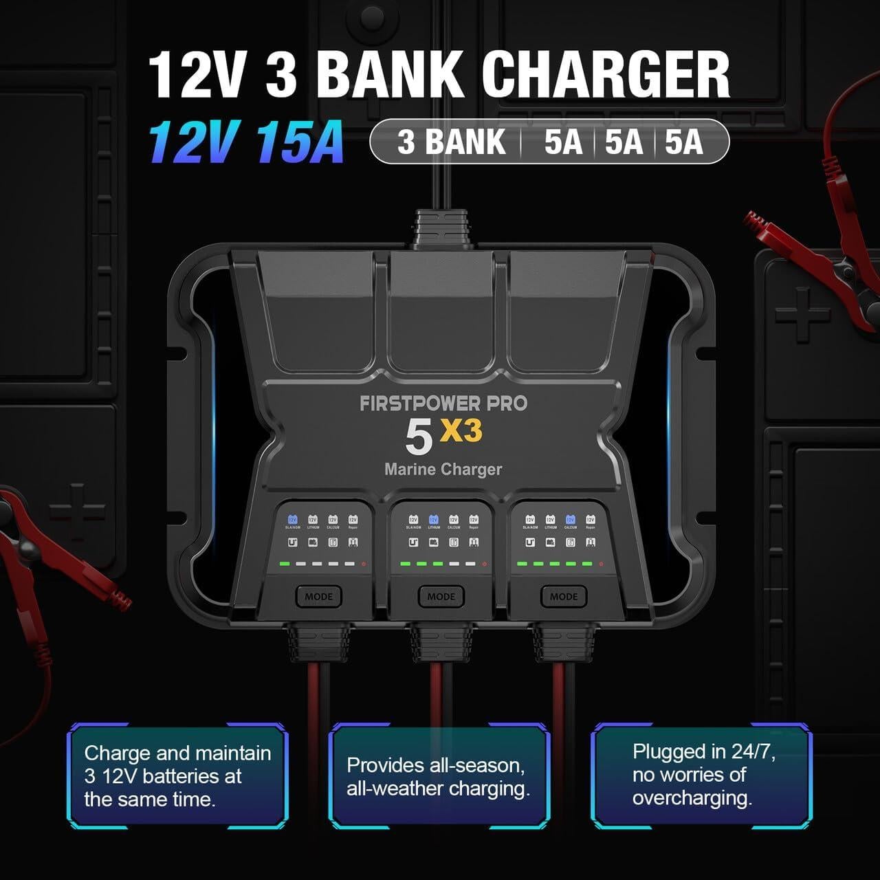 Cargador de Batería Marino 3 Bancos FirstPower Pro 15A 12V