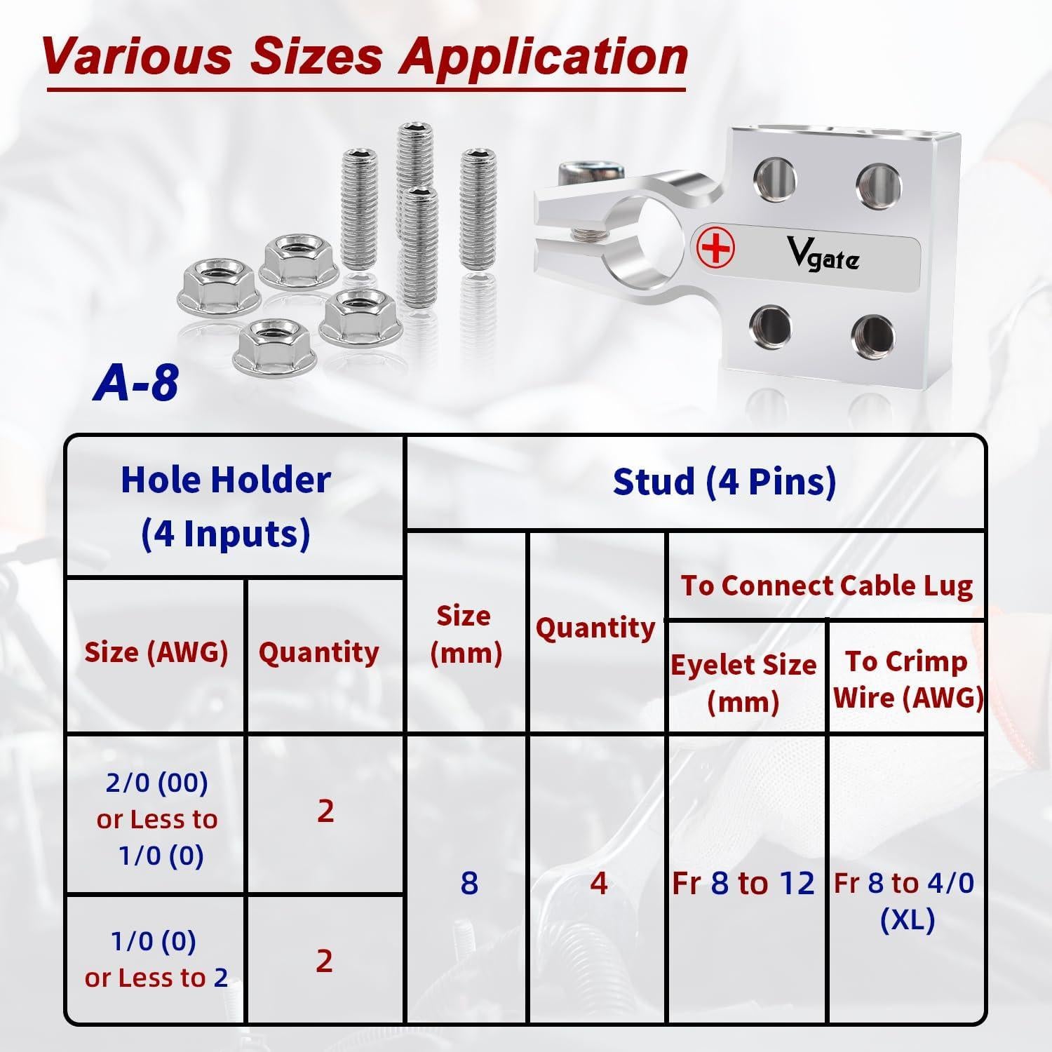 Conector de terminal de batería Vgate 8 vías 8AWG a 4/0 AWG