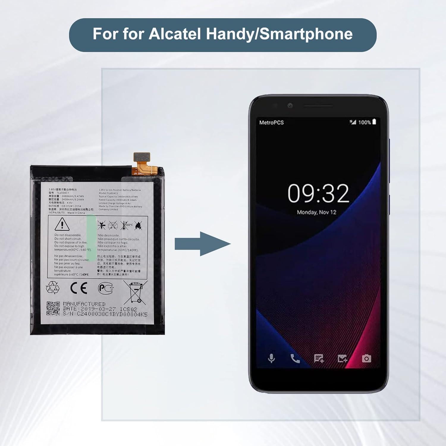 Batería de Reemplazo TLP024CC Alcatel 2400mAh con Herramientas