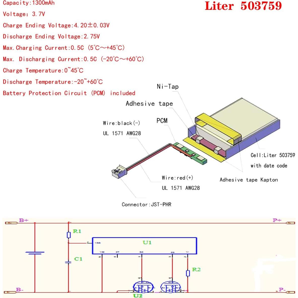 Batería Lipo Recargable 3.7V 1300mAh BIHUADE 503759