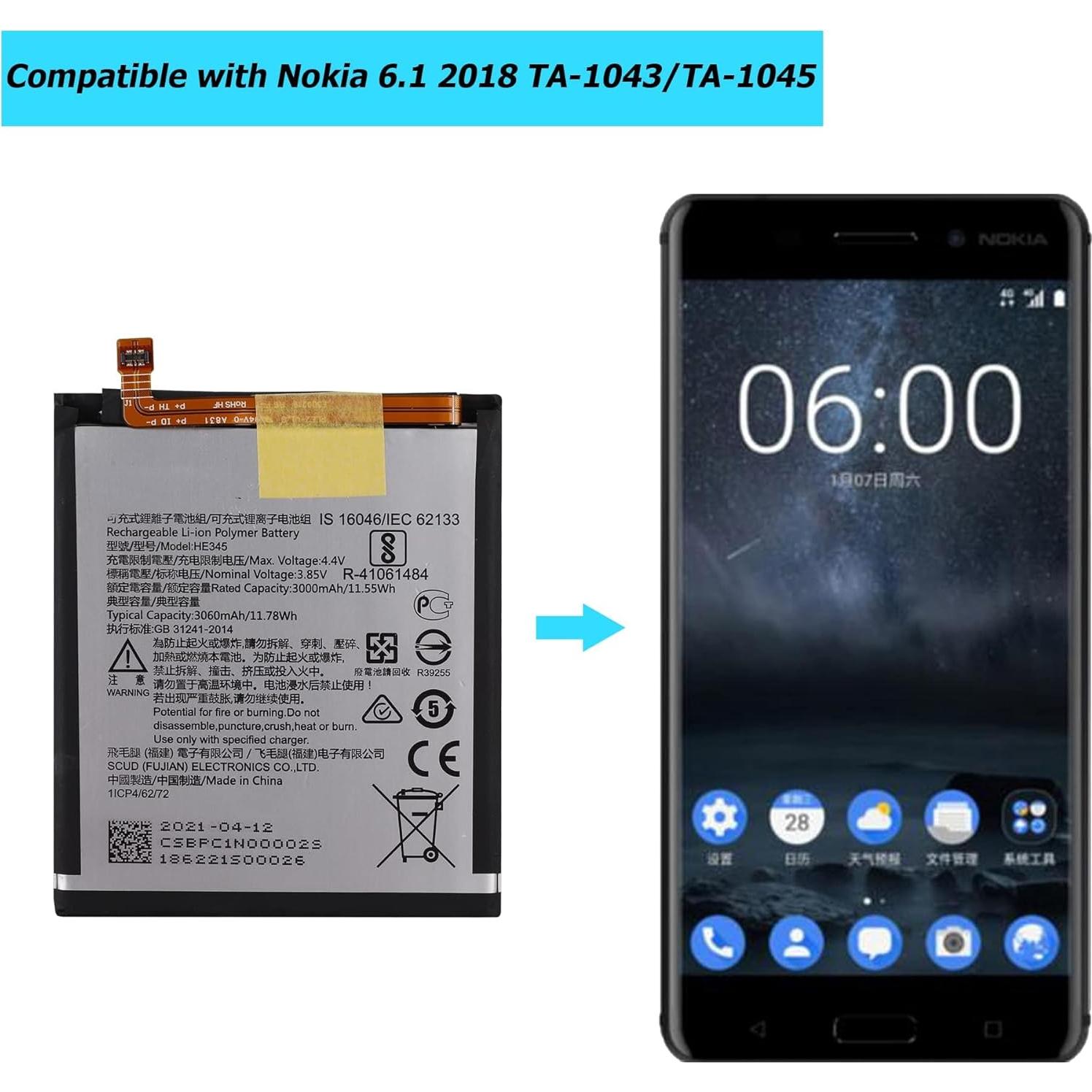 Batería de Reemplazo HE345 para Nokia 6.1 2018 3000mAh