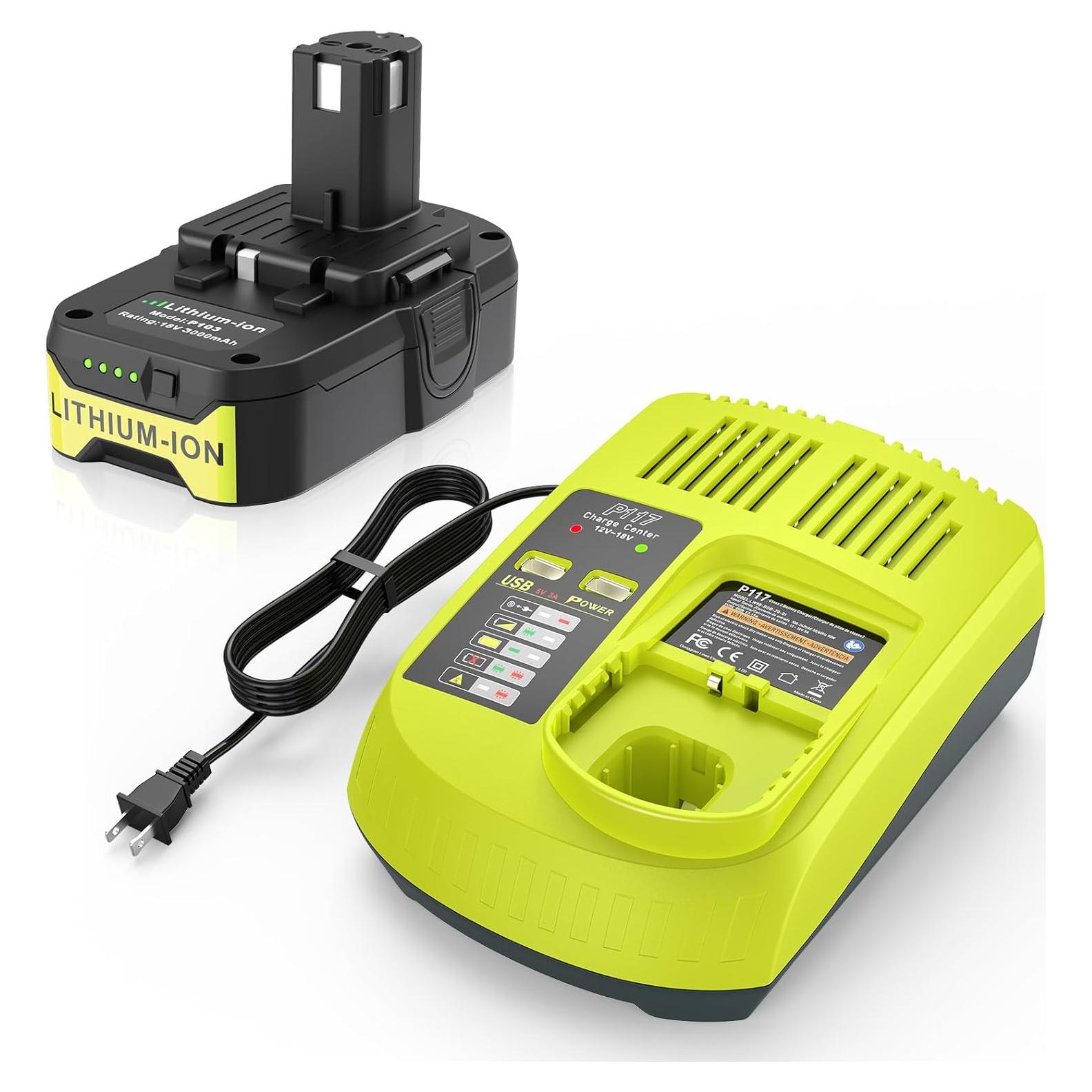 Batería de Reemplazo 18V 3000mAh + Cargador P117 Ryobi