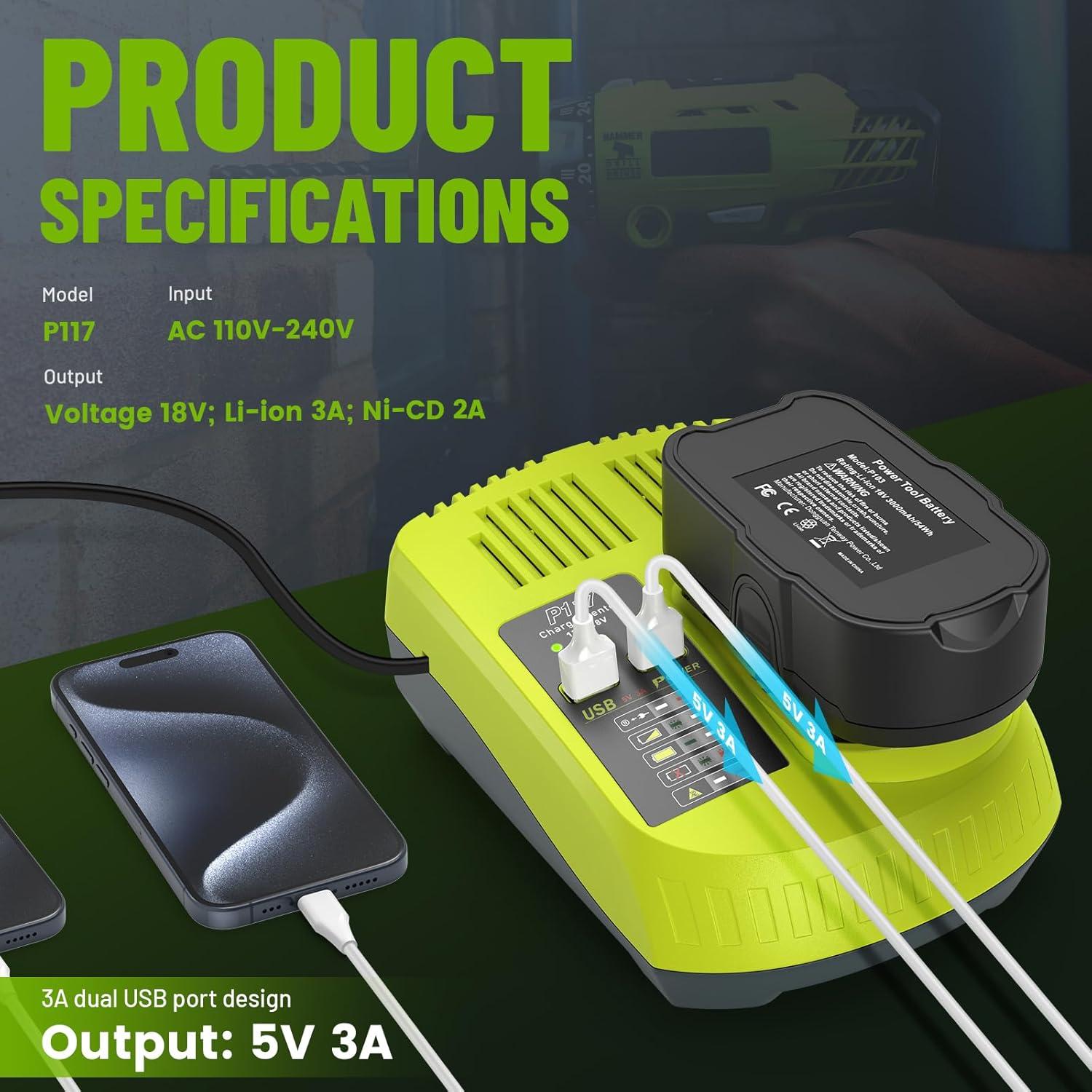 Batería de Reemplazo 18V 3000mAh + Cargador P117 Ryobi