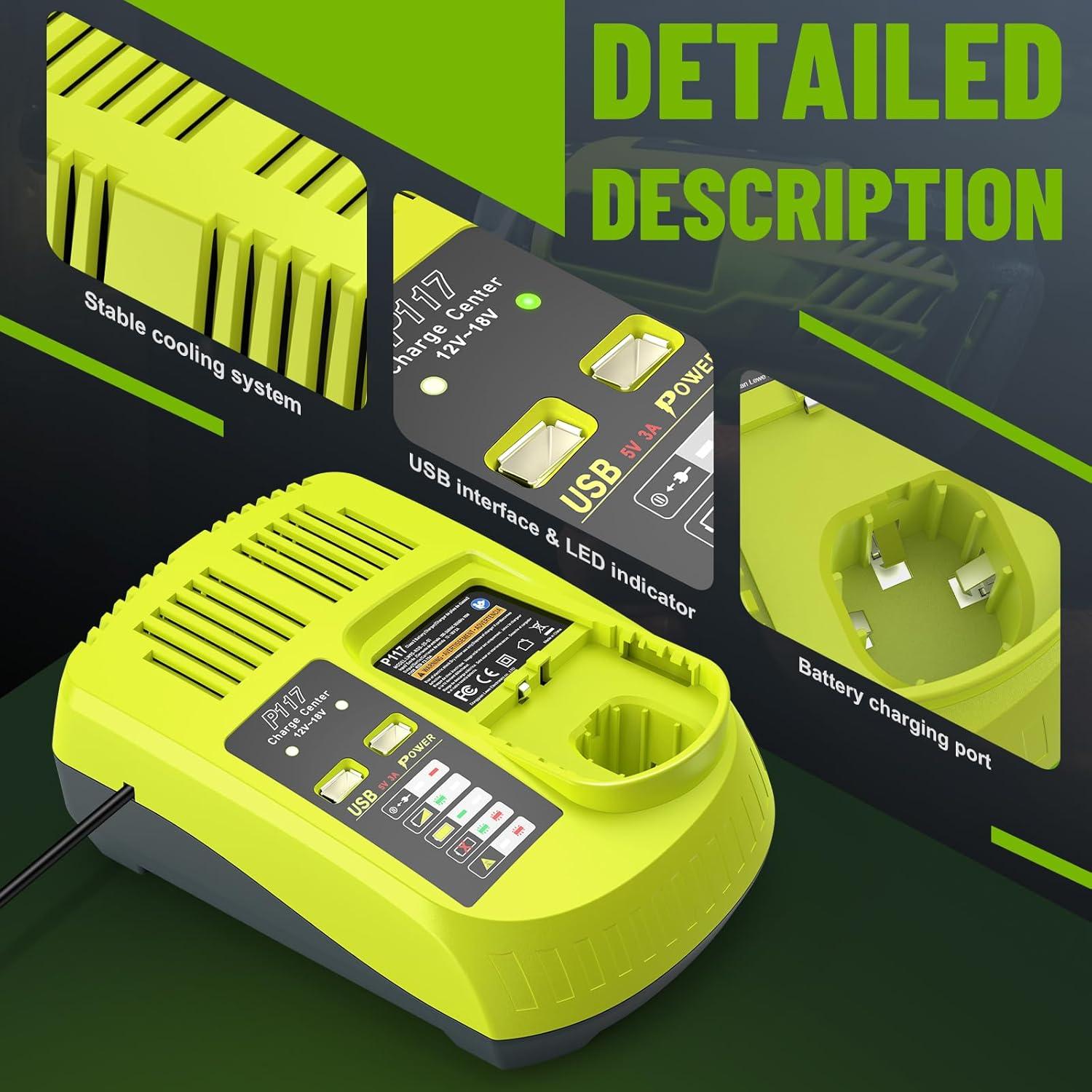 Batería de Reemplazo 18V 3000mAh + Cargador P117 Ryobi