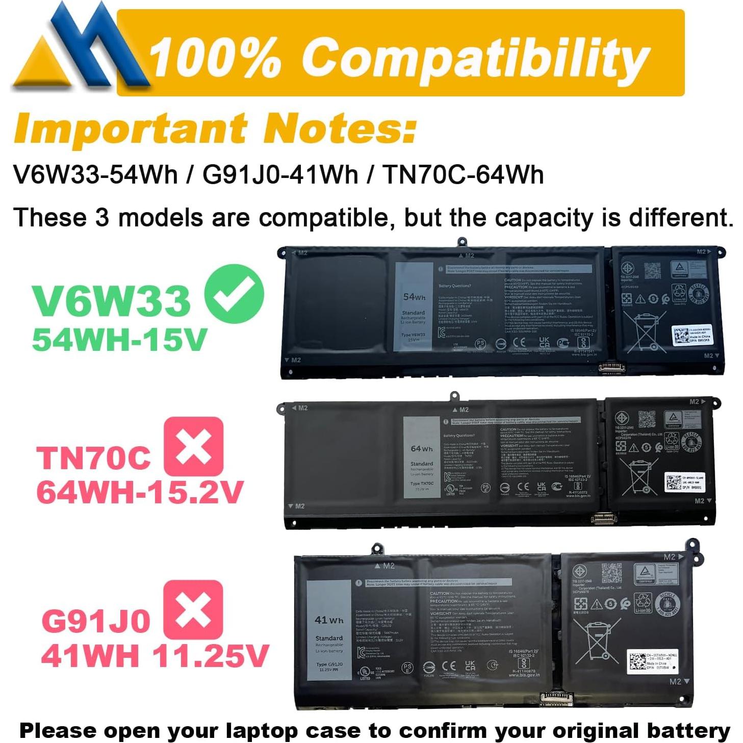 Batería de Laptop Dell V6W33 54Wh 15V para Inspiron/Latitude/Vostro
