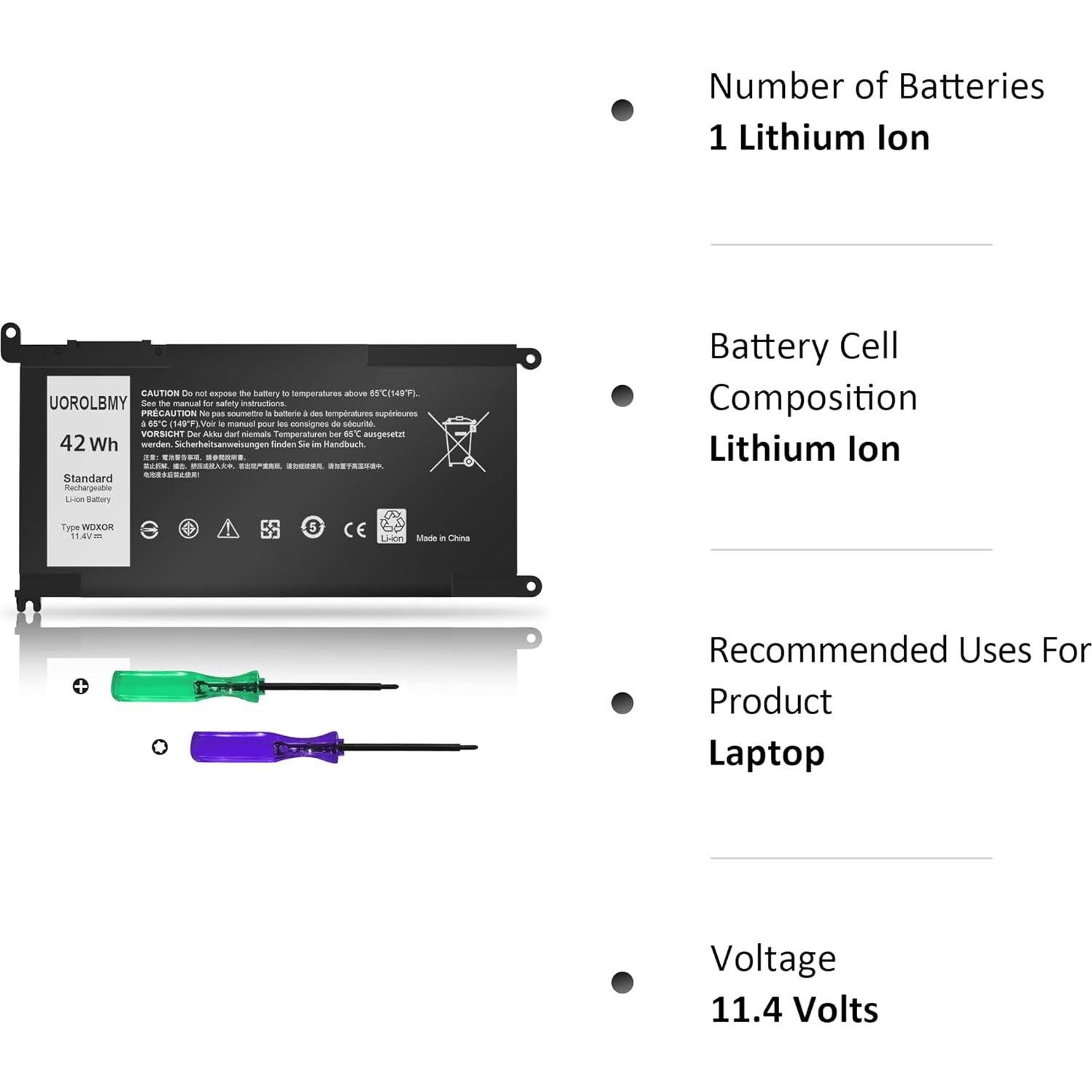 Batería de Laptop Dell WDX0R 42Wh Li-ion 11.4V 3-Celdas