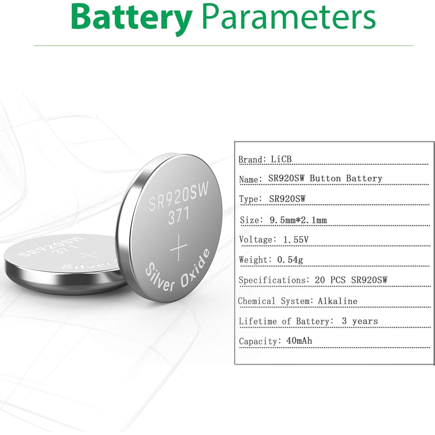 Baterías de botón LiCB 20 Pack SR920SW 1.5V Alta Calidad