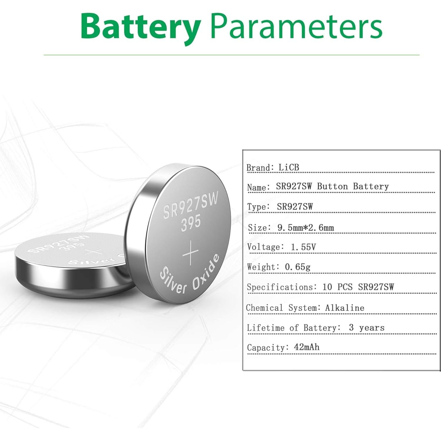 Paquete de 10 Baterías de Reloj LiCB SR927SW 1.55V Duraderas