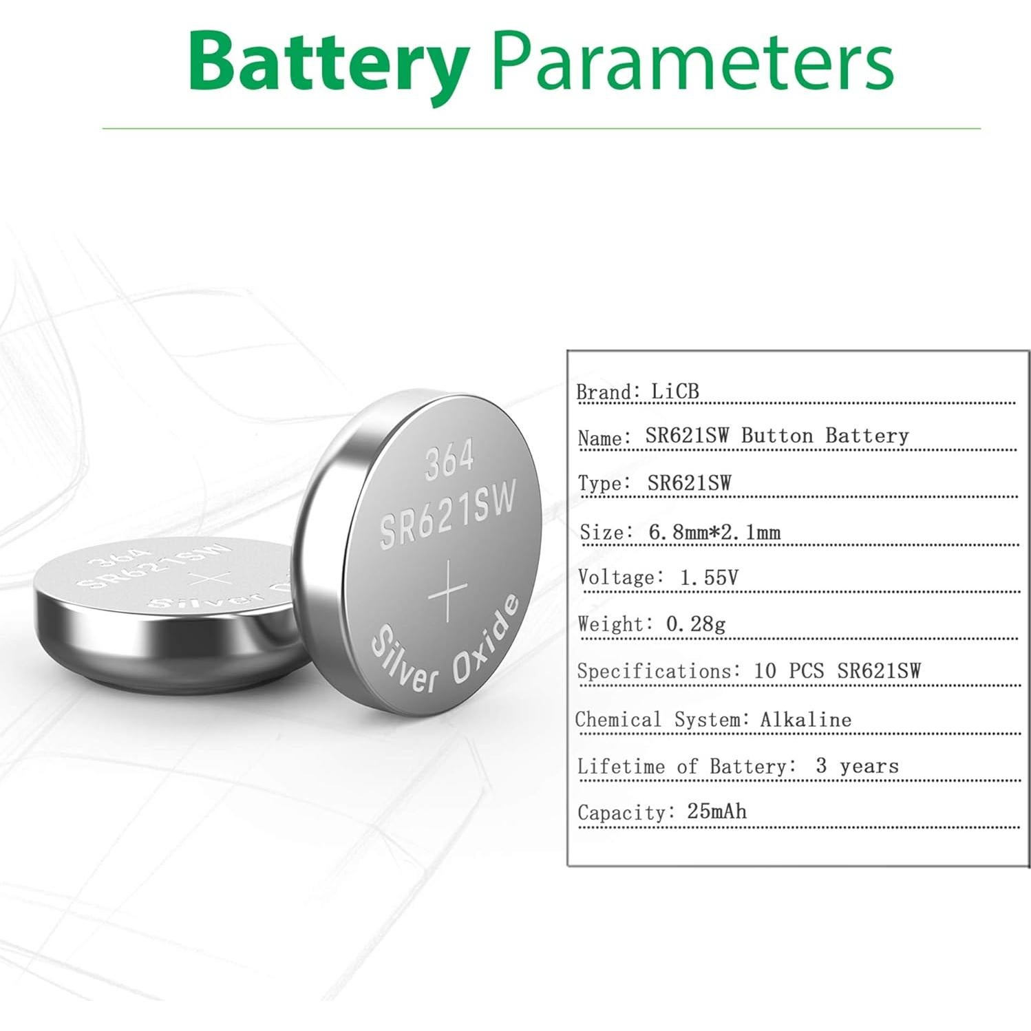 Paquete de 10 Baterías de Reloj LiCB SR621SW 1.55V Duraderas