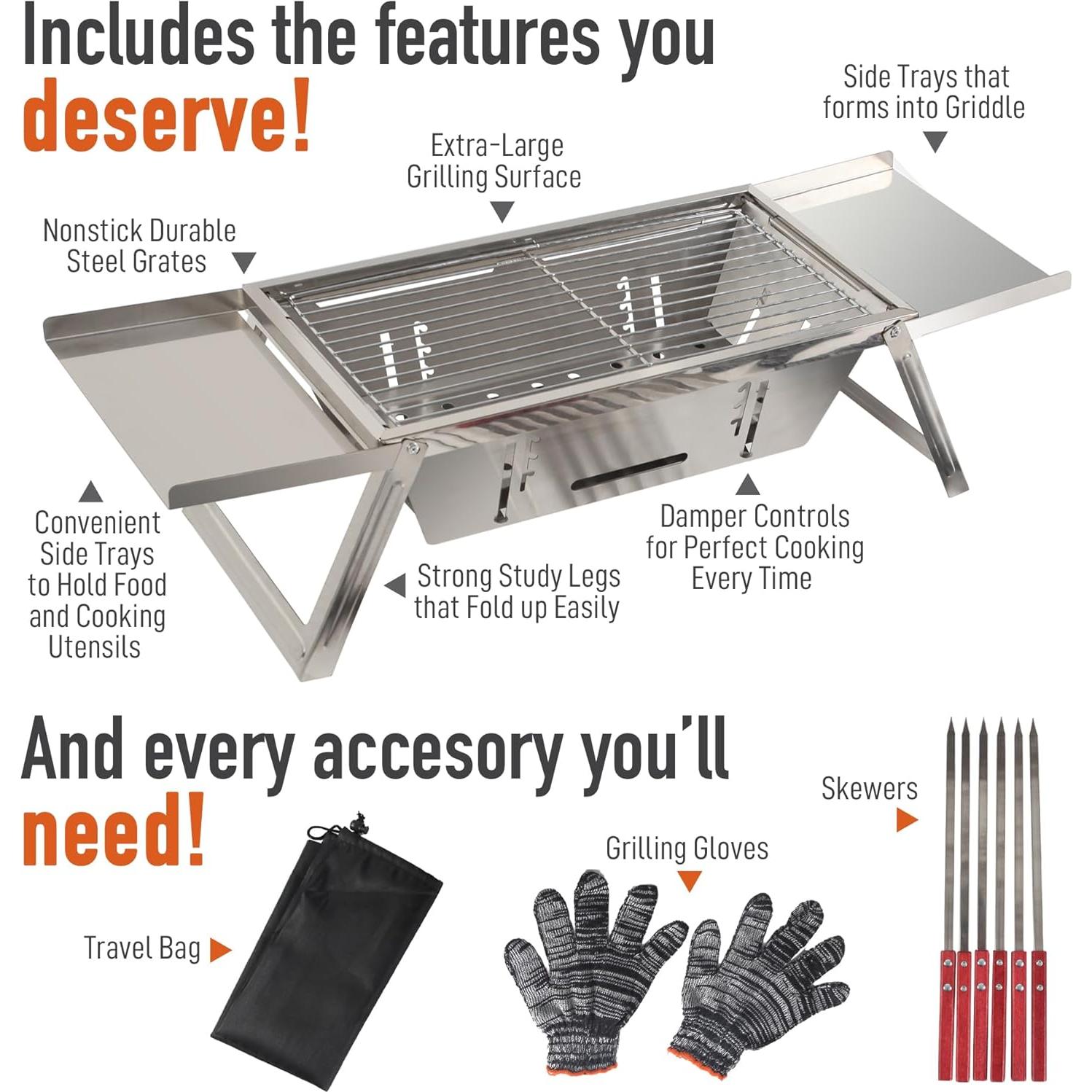 Parrilla Portátil Griddle Buddy Fold N Go con 6 Brochetas