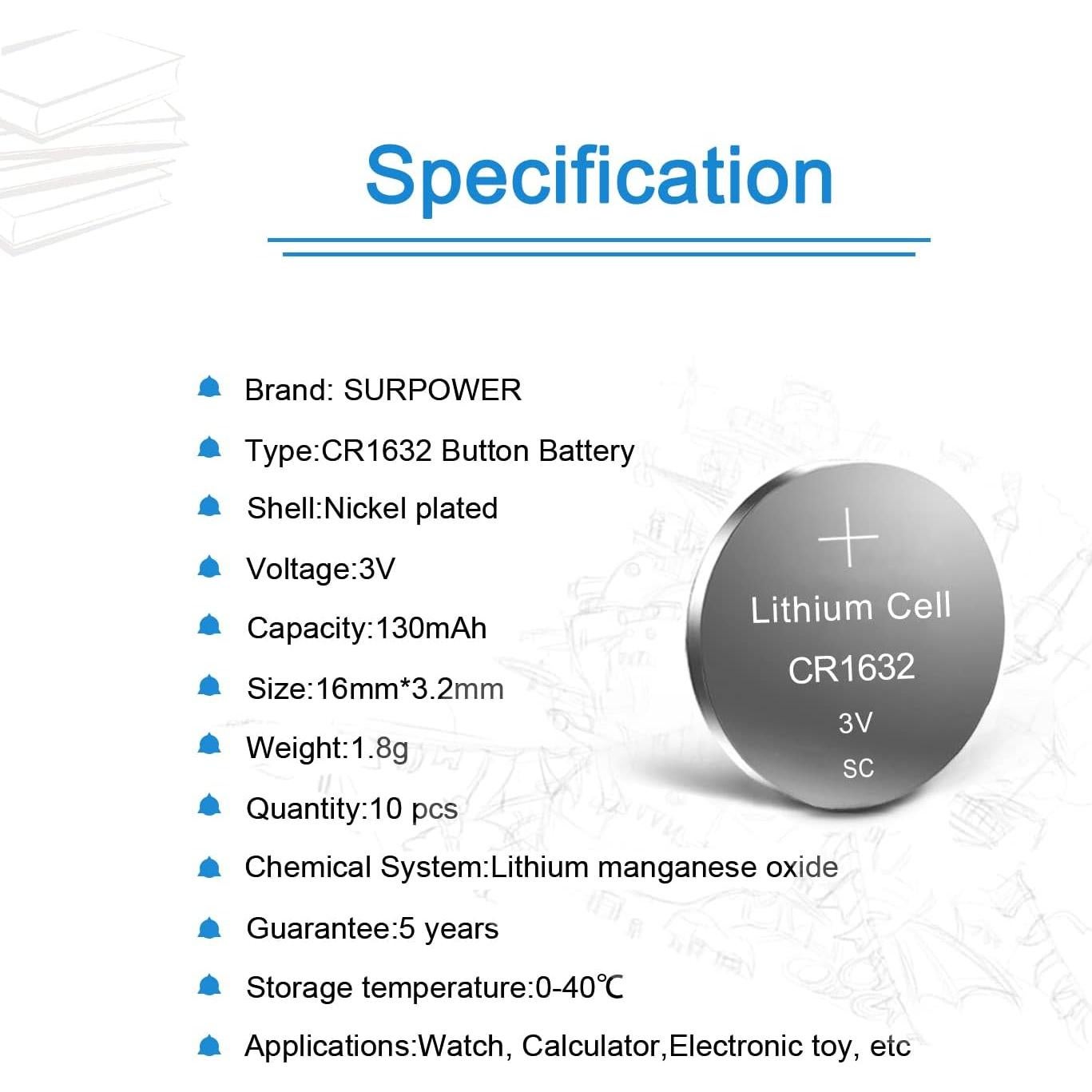 Batería de Litio 3V SURPOWER CR1632 - Paquete de 10 Unidades