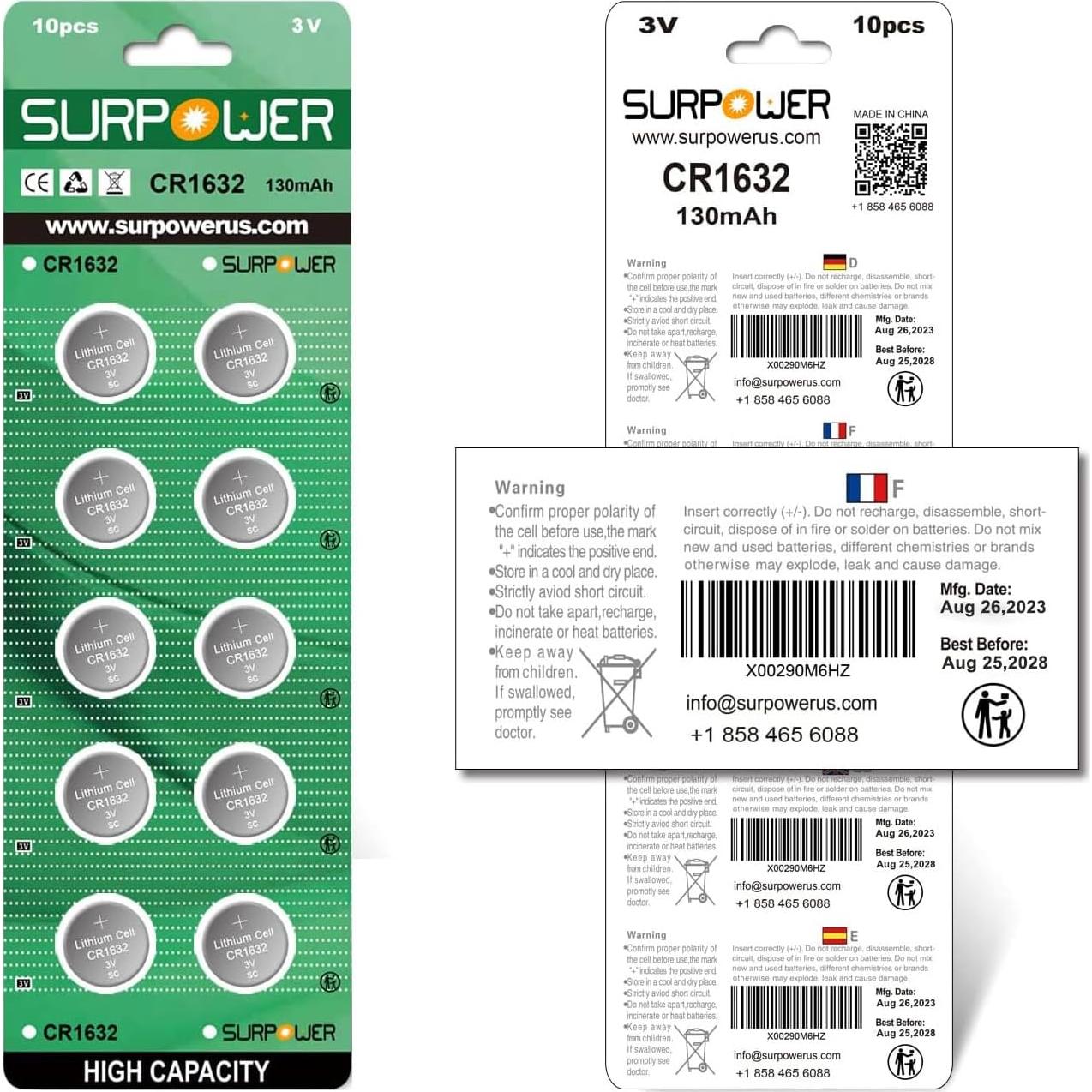 Batería de Litio 3V SURPOWER CR1632 - Paquete de 10 Unidades