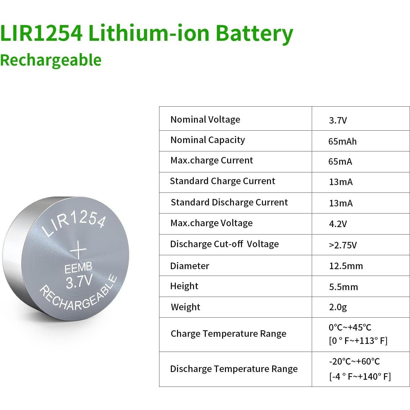 Baterías Recargables EEMB LIR1254 3.7V 65mAh 4 Pack