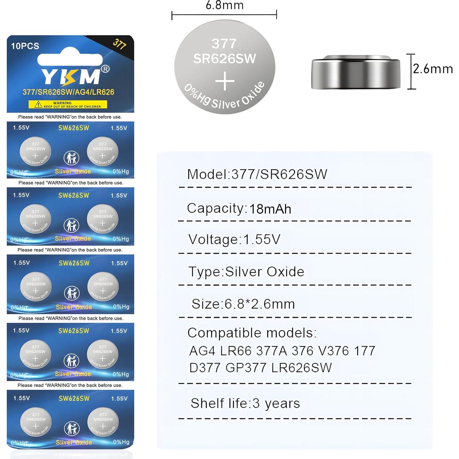 Baterías de Reloj YKM 377 SR626SW 40 Unidades 1.55V Óxido de Plata