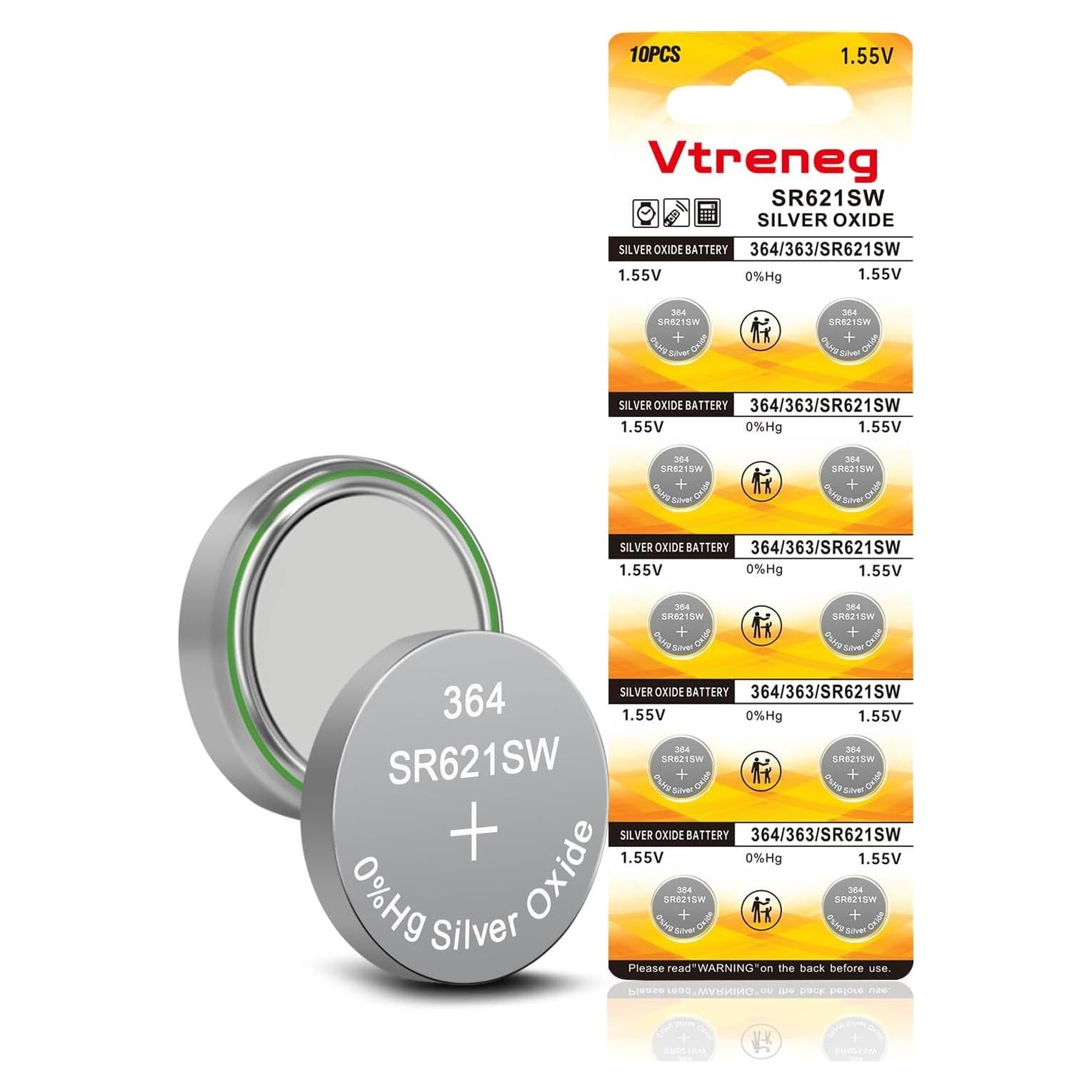 Paquete de 10 Baterías de Reloj 364 Vtreneg 1.55V Alcalinas