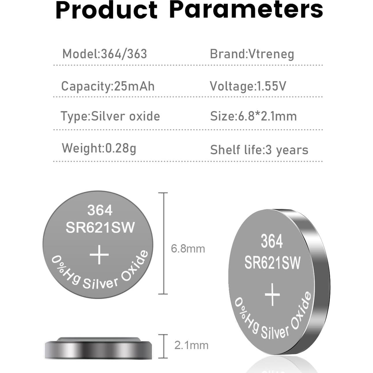 Paquete de 10 Baterías de Reloj 364 Vtreneg 1.55V Alcalinas