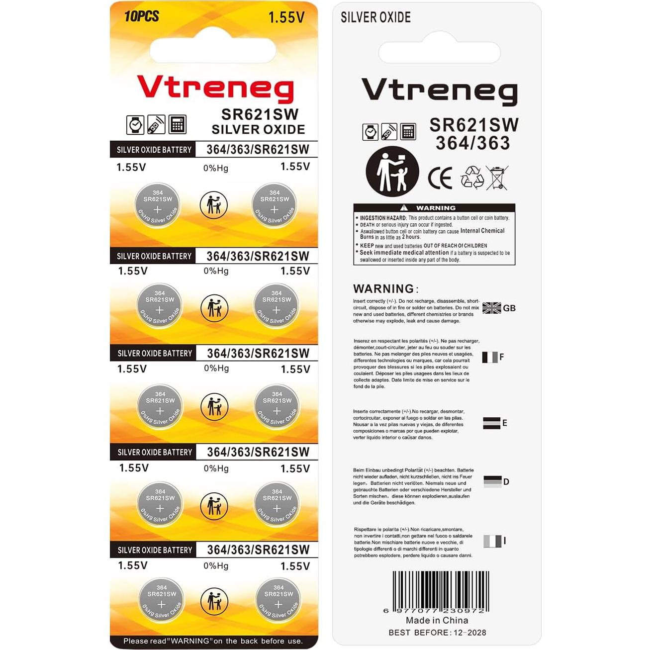 Paquete de 10 Baterías de Reloj 364 Vtreneg 1.55V Alcalinas