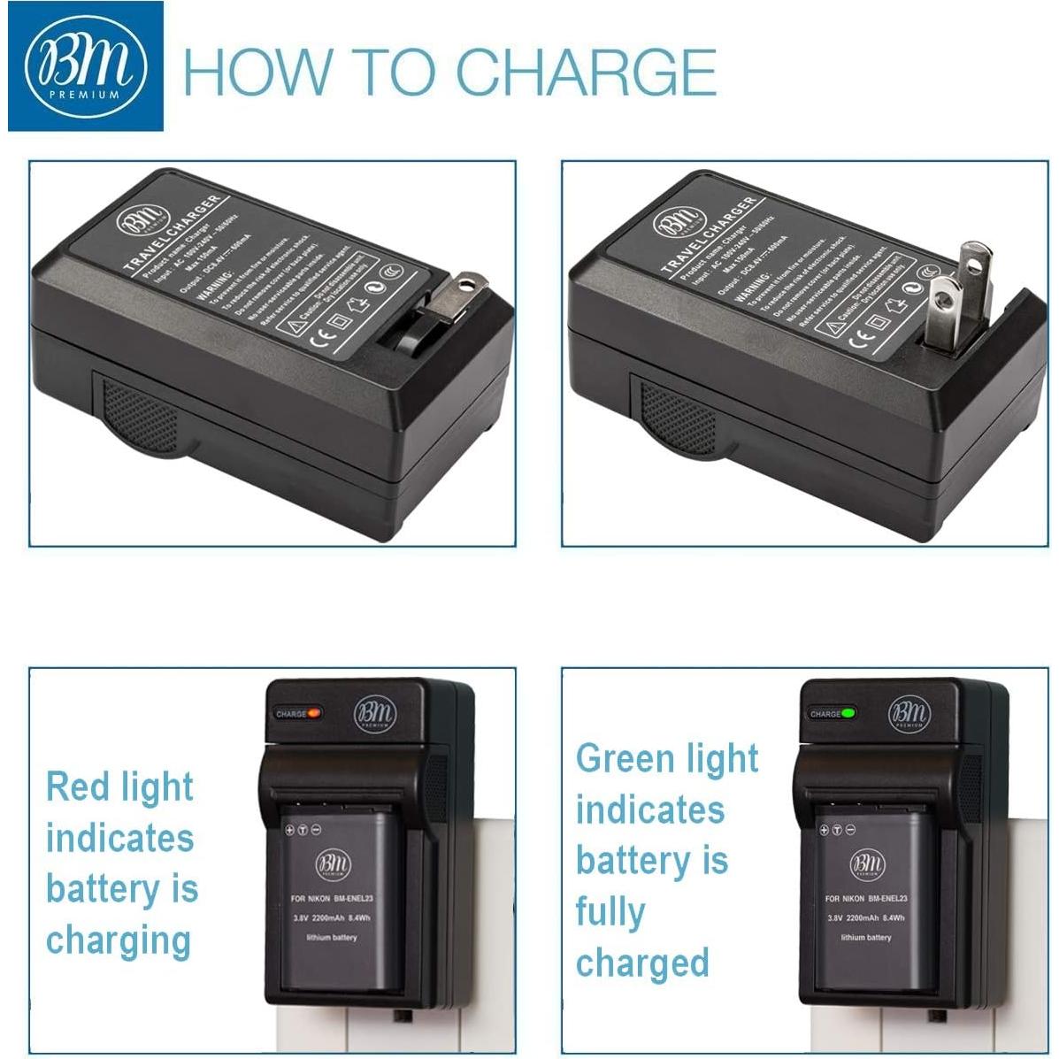 BM Premium Paquete 2 Baterías EN-EL23 y Cargador para Nikon