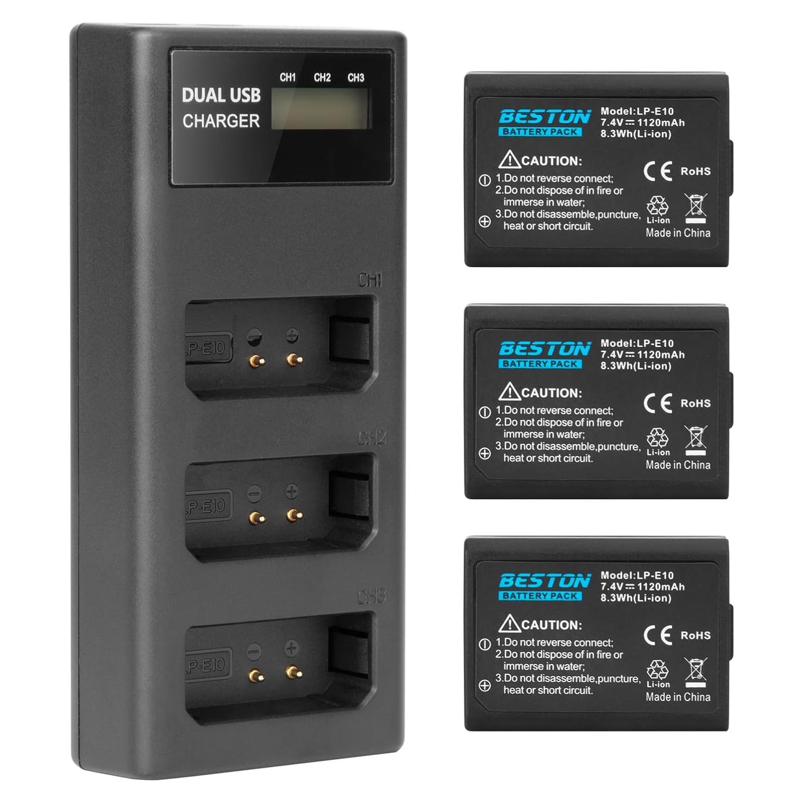 Batería y Cargador Beston LP-E10 para Cámara Canon DSLR - 3 Piezas