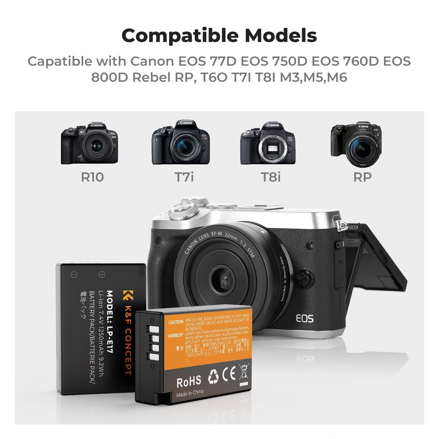 K&F CONCEPT 3 Baterías LP-E17 y Cargador LCD 3 Ranuras Canon