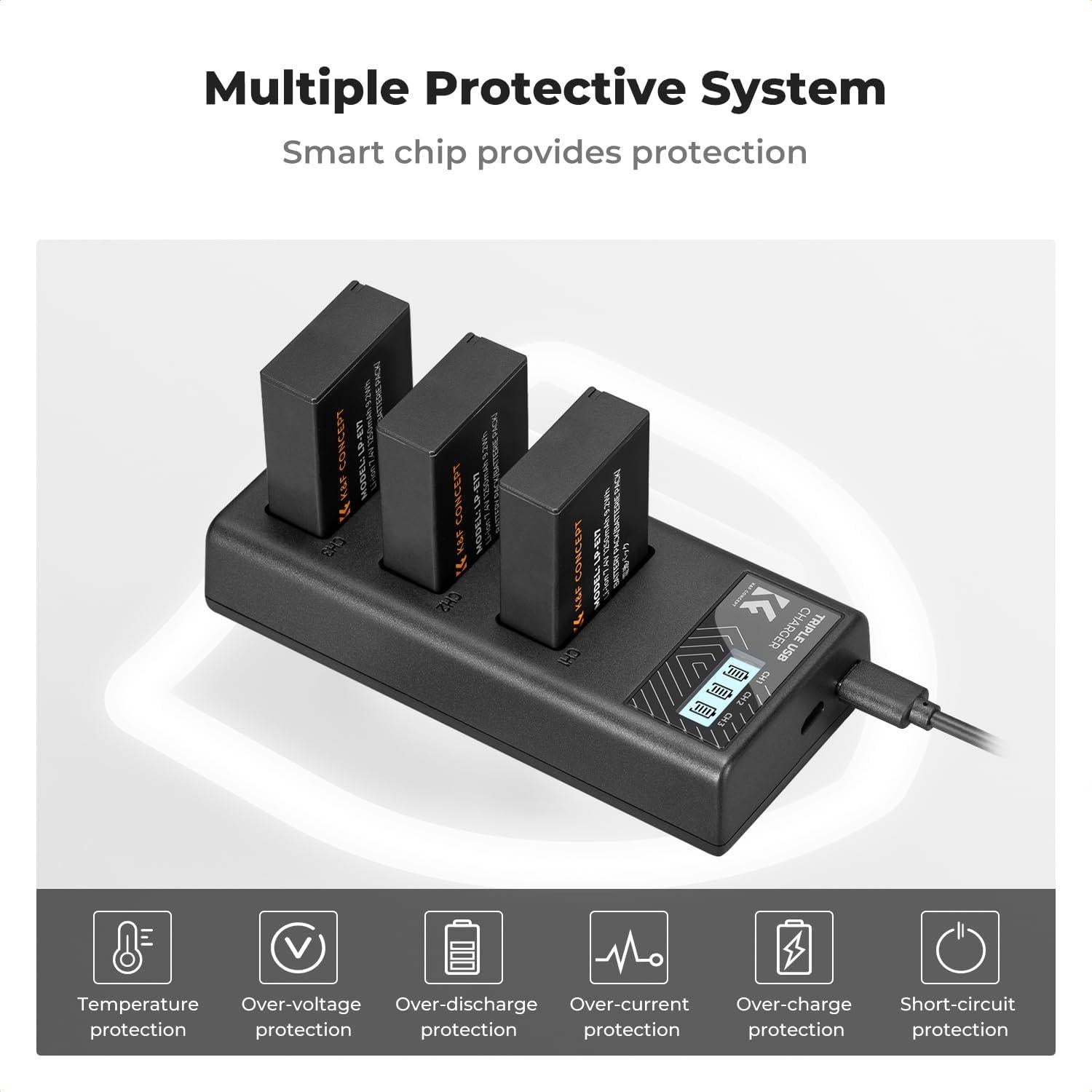 K&F CONCEPT 3 Baterías LP-E17 y Cargador LCD 3 Ranuras Canon