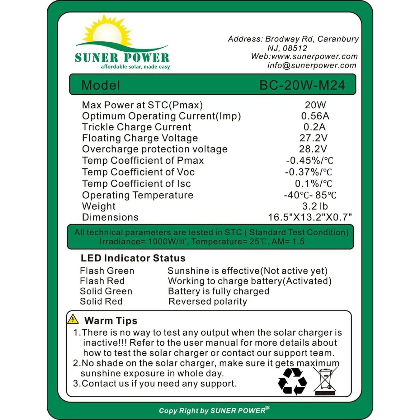 Cargador Solar 24V 20W SUNER POWER con MPPT Inteligente