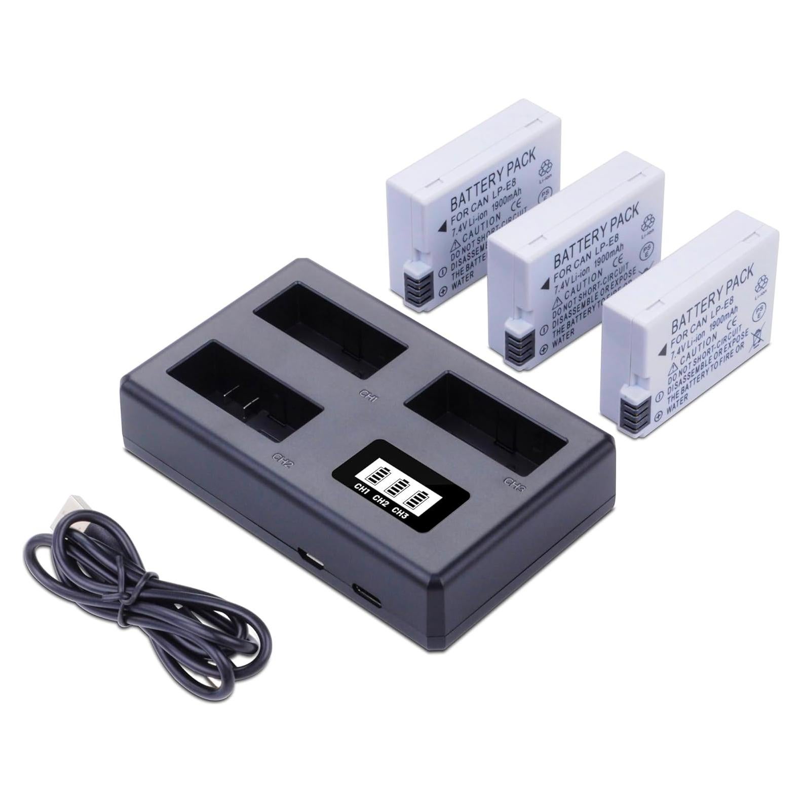 Paquete 3 Baterías LP-E8 + Cargador LCD para Canon EOS