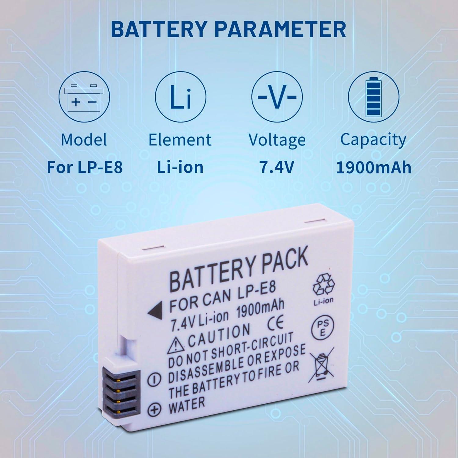 Paquete 3 Baterías LP-E8 + Cargador LCD para Canon EOS
