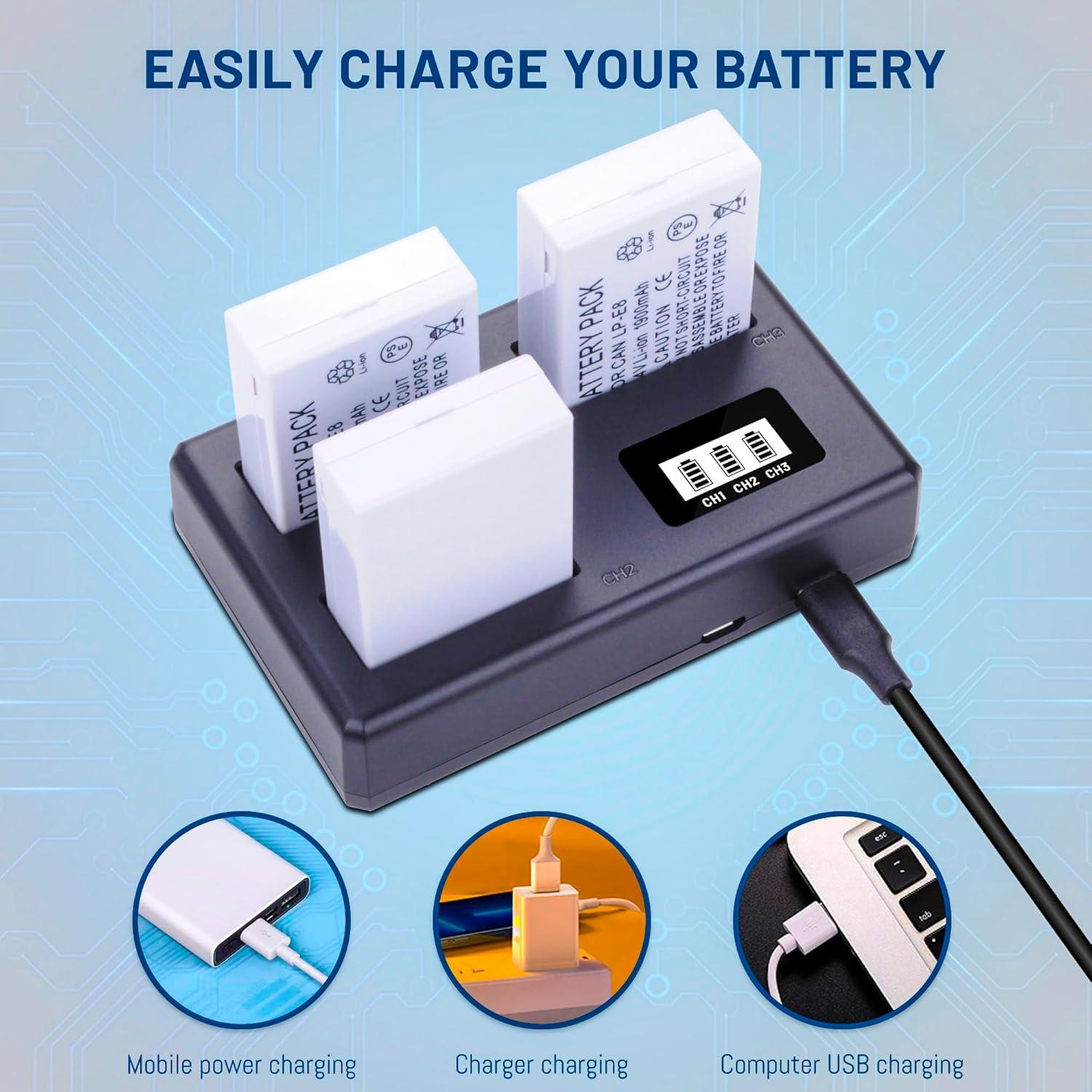 Paquete 3 Baterías LP-E8 + Cargador LCD para Canon EOS